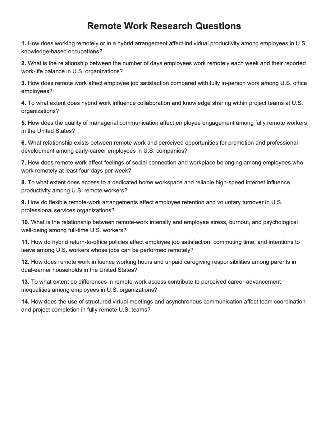 Remote Work Research Questions - Free AI Research Questions Generator, 50+ Real Research Question Examples