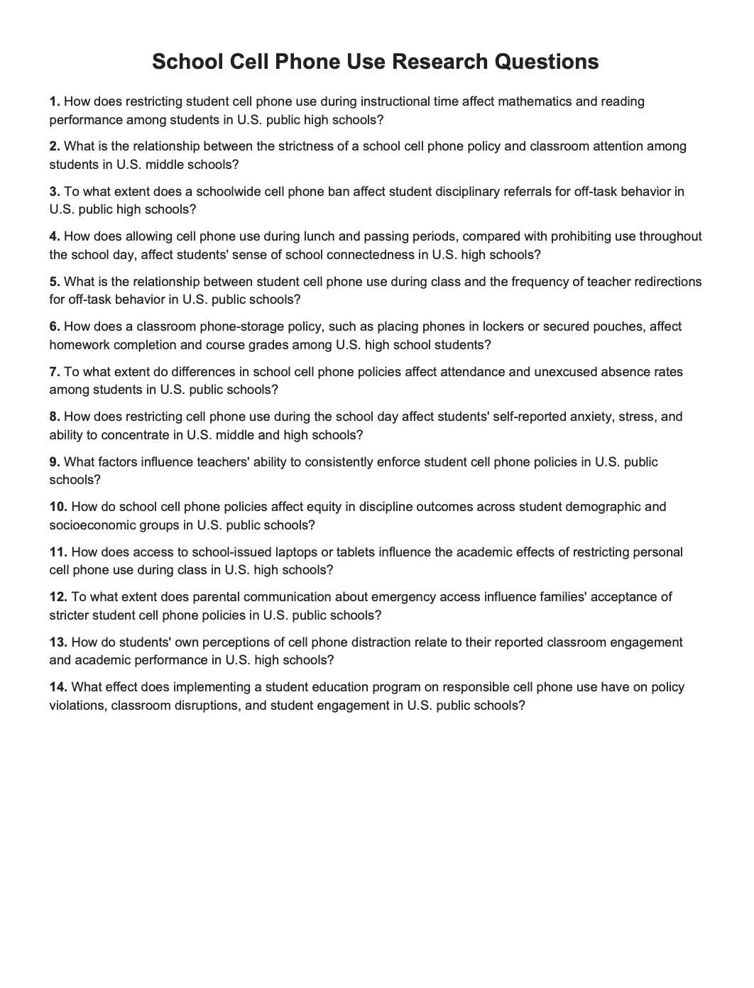 School Cell Phone Use Research Questions - Free AI Research Questions Generator, 50+ Real Research Question Examples