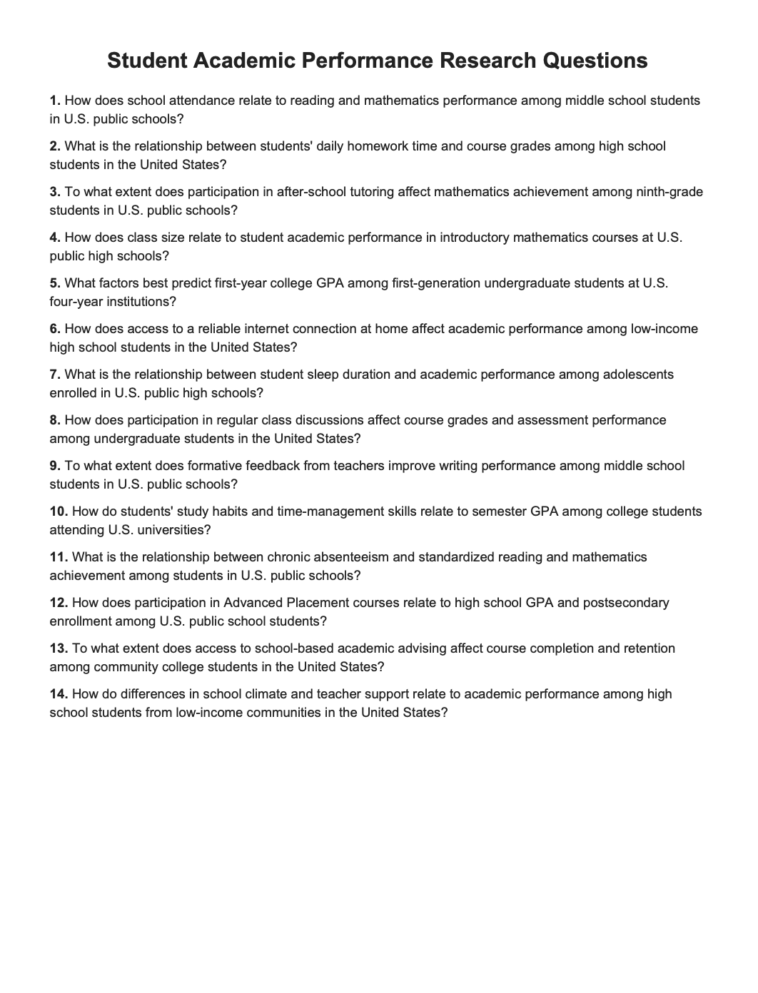 Student Academic Performance Research Questions - Free AI Research Questions Generator, 50+ Real Research Question Examples