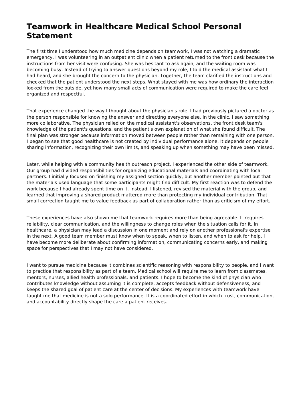 Teamwork in Healthcare Medical School Personal Statement - Free AI Medical School Personal Statement Generator, 50+ Real Medical School Personal Statement Examples