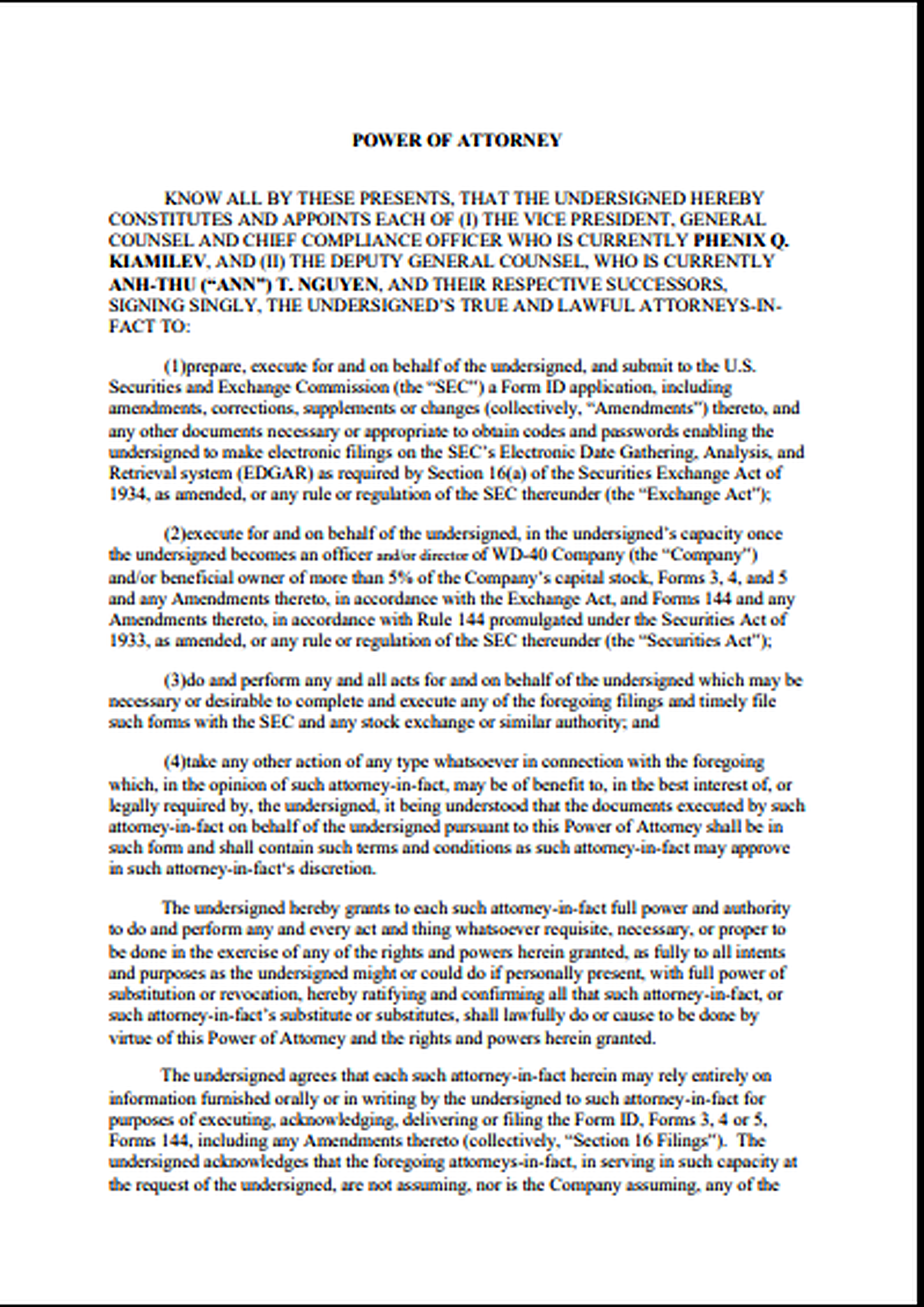 WD-40 Company Power of Attorney - Free AI Power of Attorney Generator, 50+ Real Power of Attorney Examples