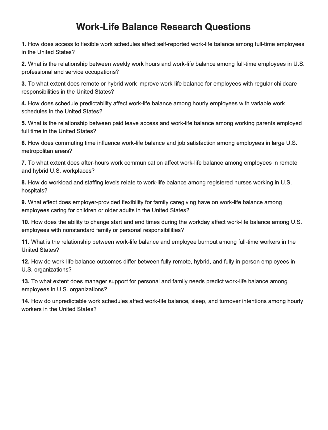Work-Life Balance Research Questions - Free AI Research Questions Generator, 50+ Real Research Question Examples