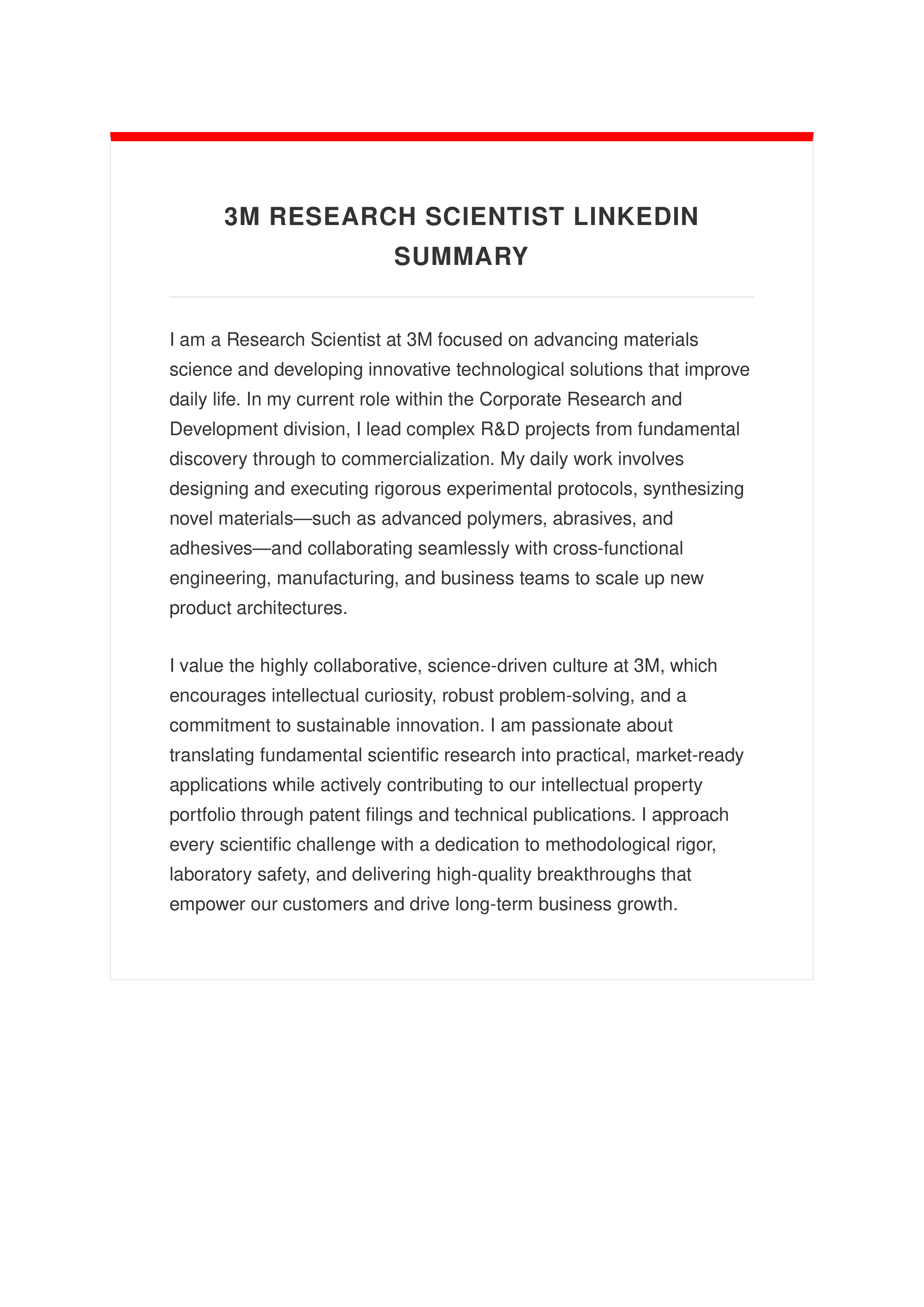 3M Research Scientist LinkedIn Summary — page 1