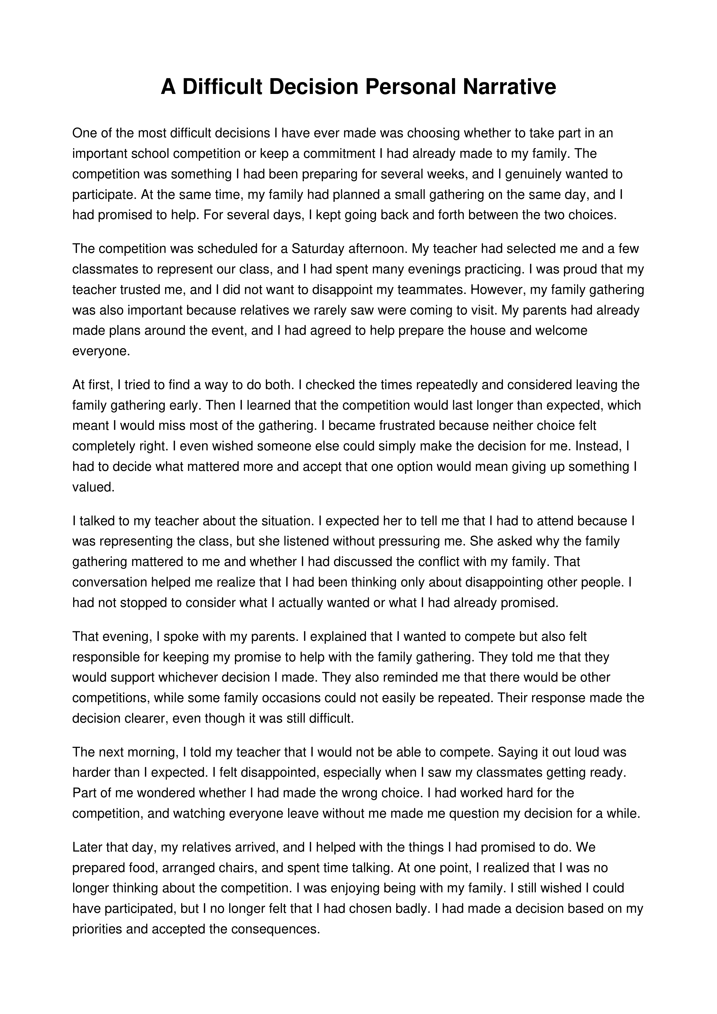 A Difficult Decision Personal Narrative — page 1