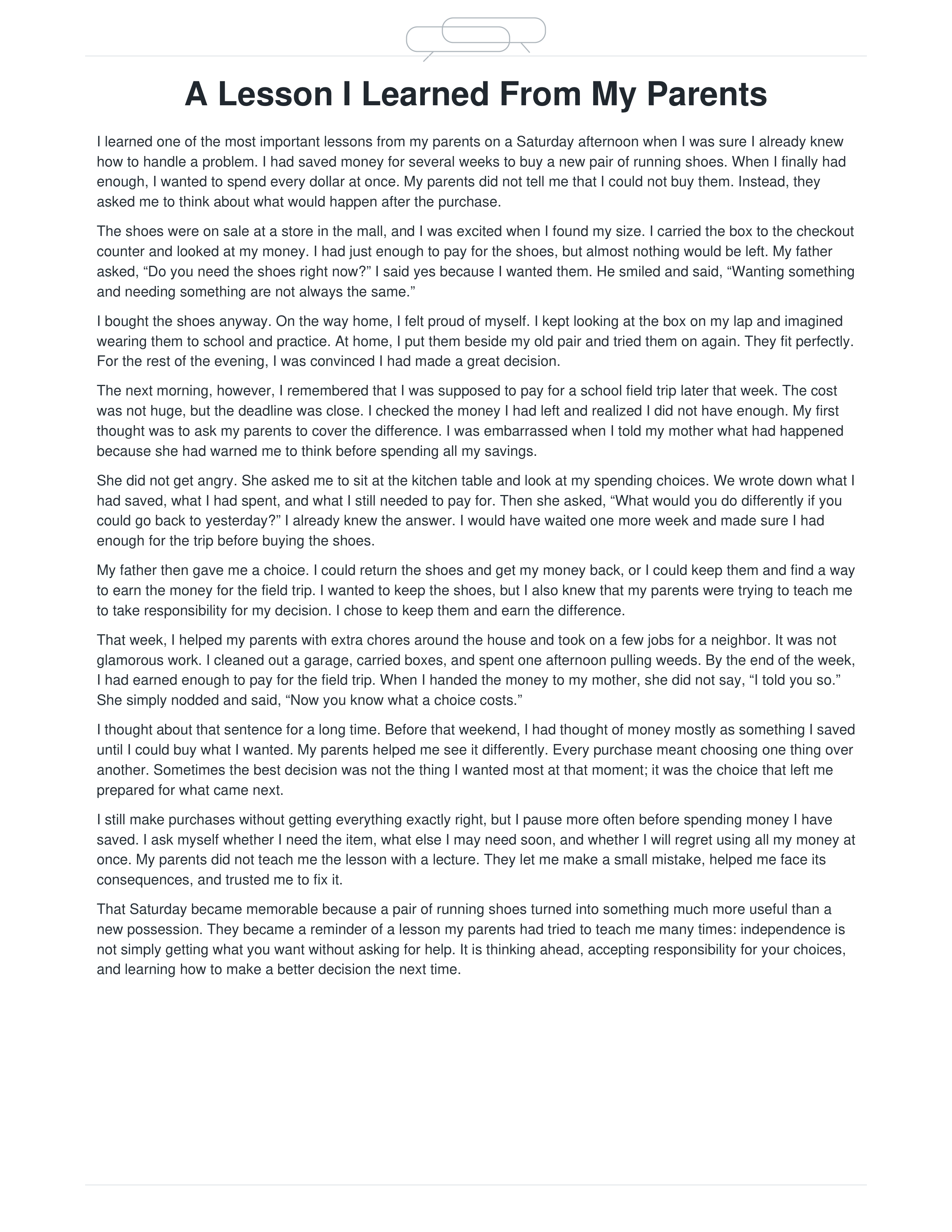A Lesson I Learned From My Parents Narrative Essay — page 1