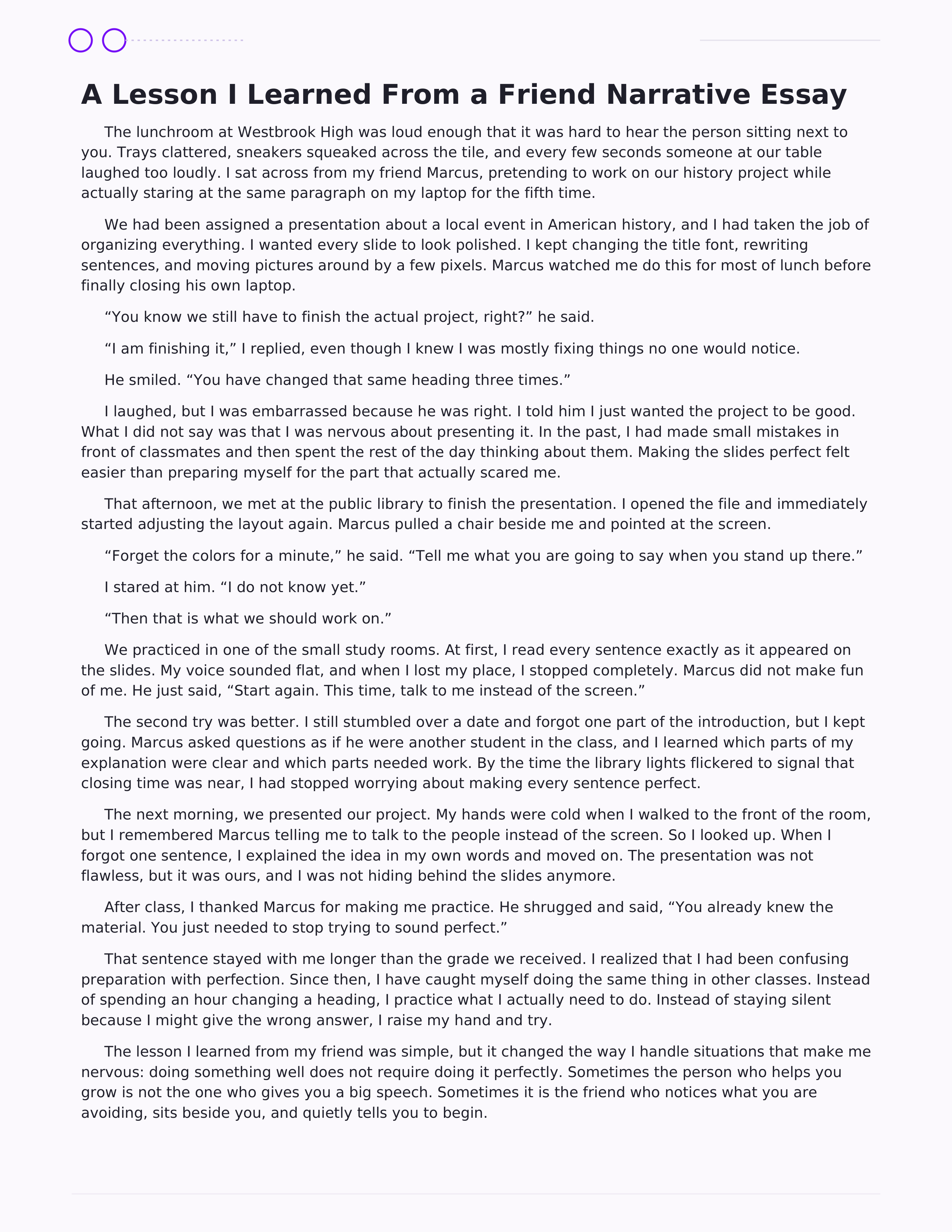 A Lesson I Learned From a Friend Narrative Essay — page 1