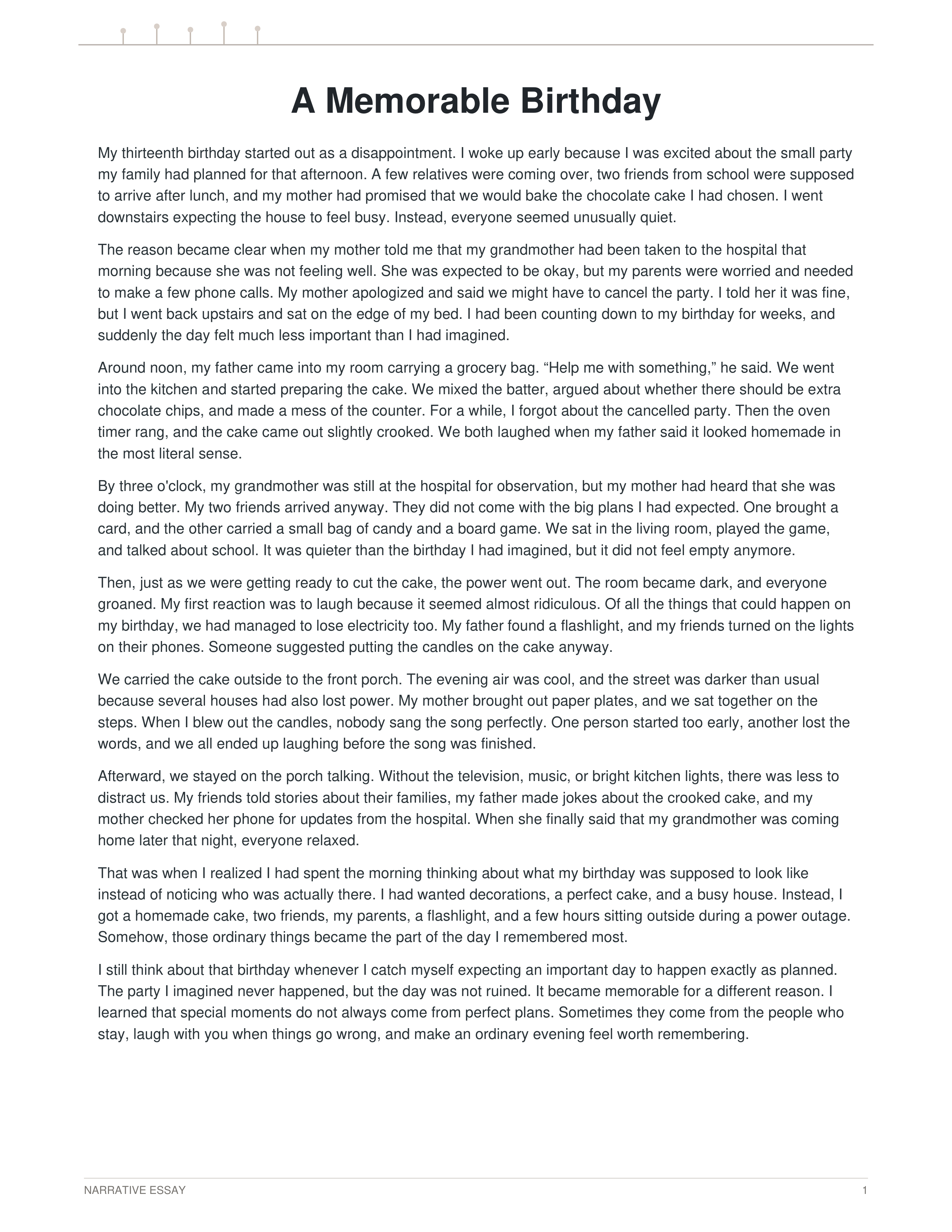 A Memorable Birthday Narrative Essay — page 1