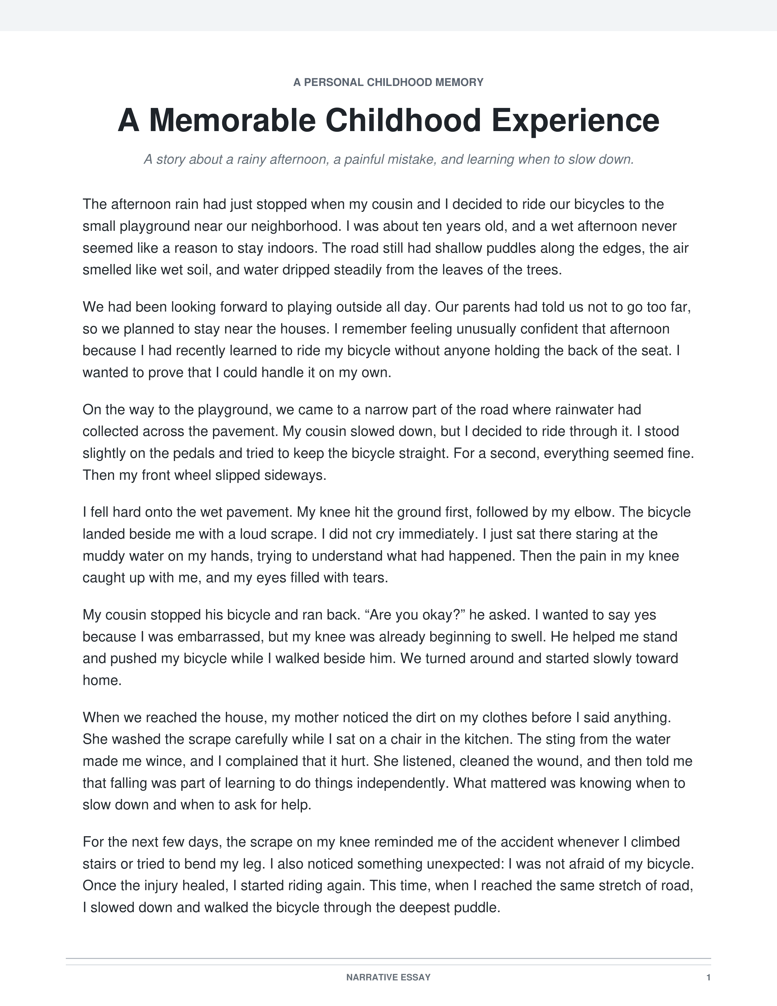 A Memorable Childhood Experience Narrative Essay — page 1