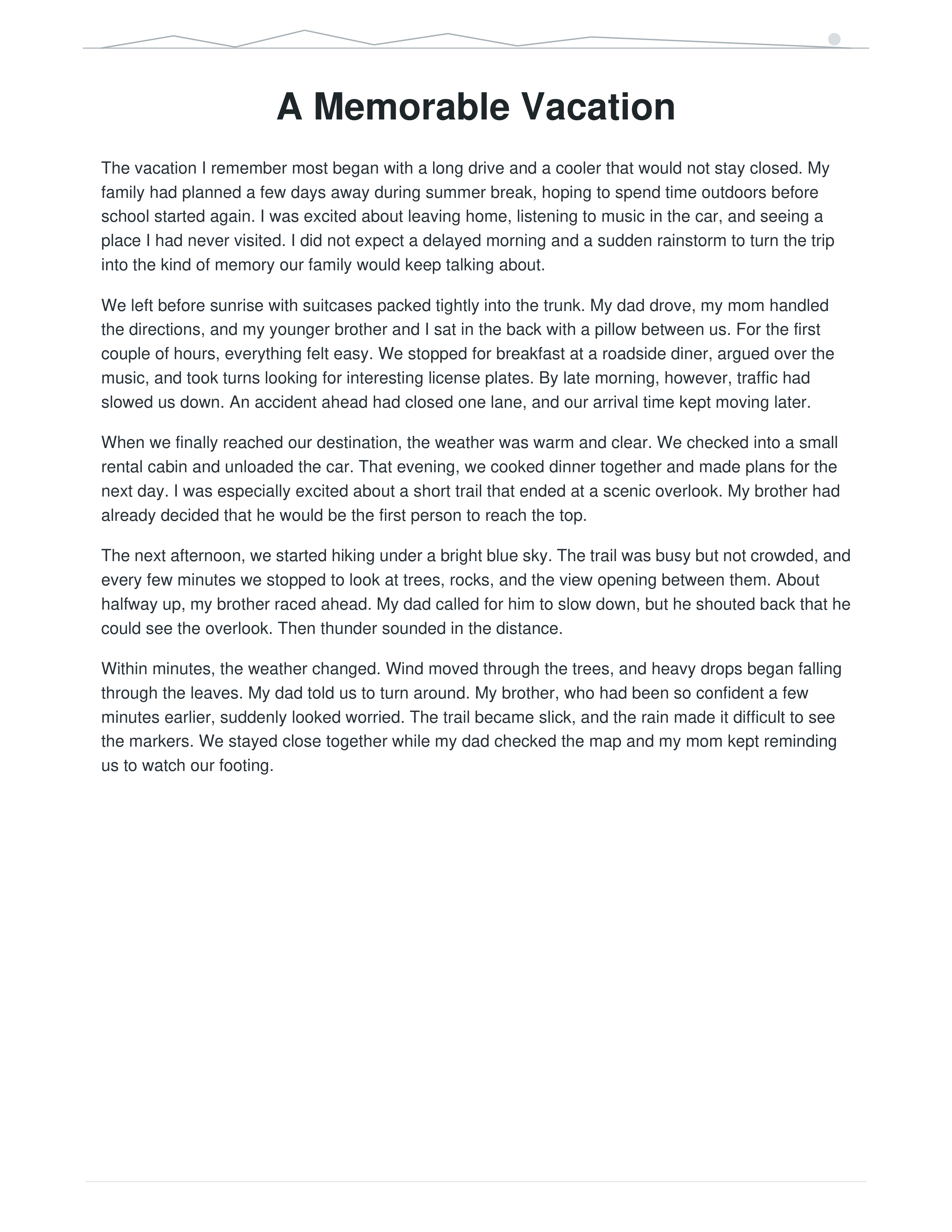 A Memorable Vacation Narrative Essay — page 1