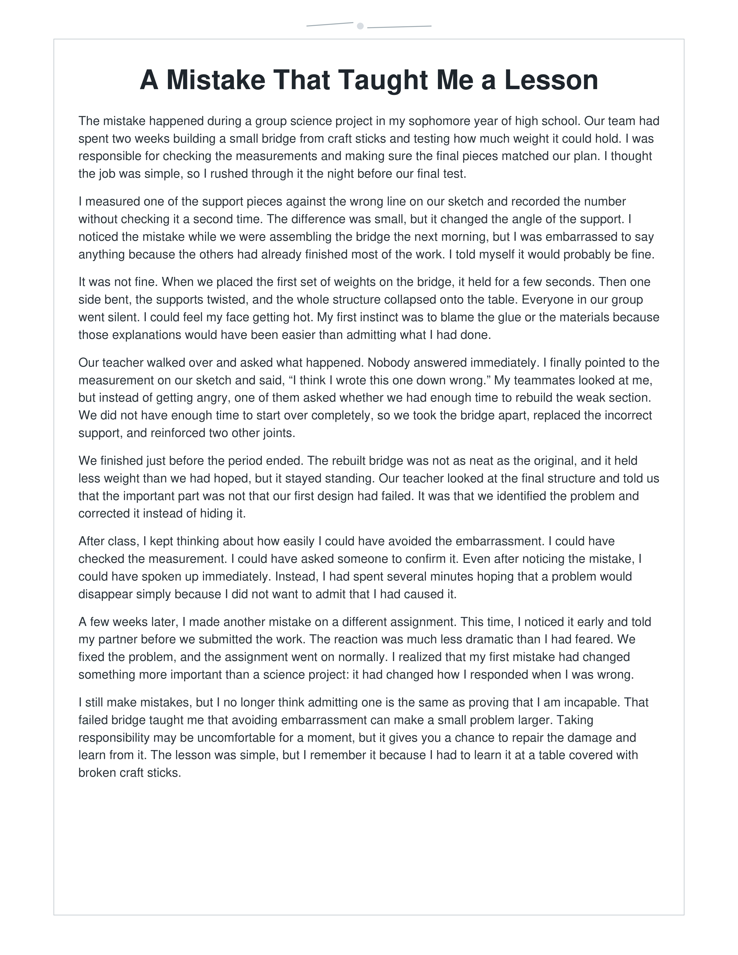 A Mistake That Taught Me a Lesson Narrative Essay — page 1