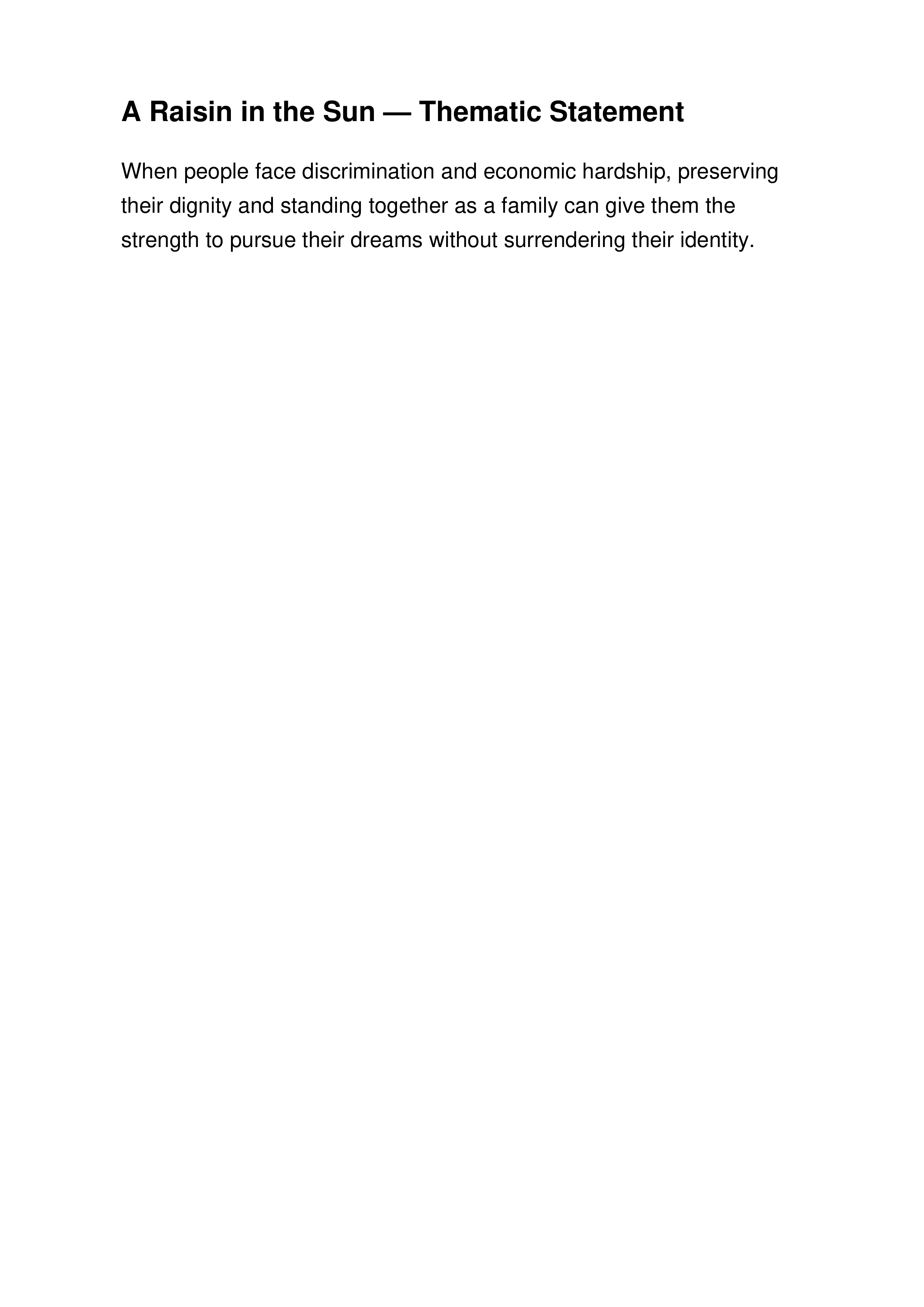 A Raisin in the Sun Thematic Statement — page 1