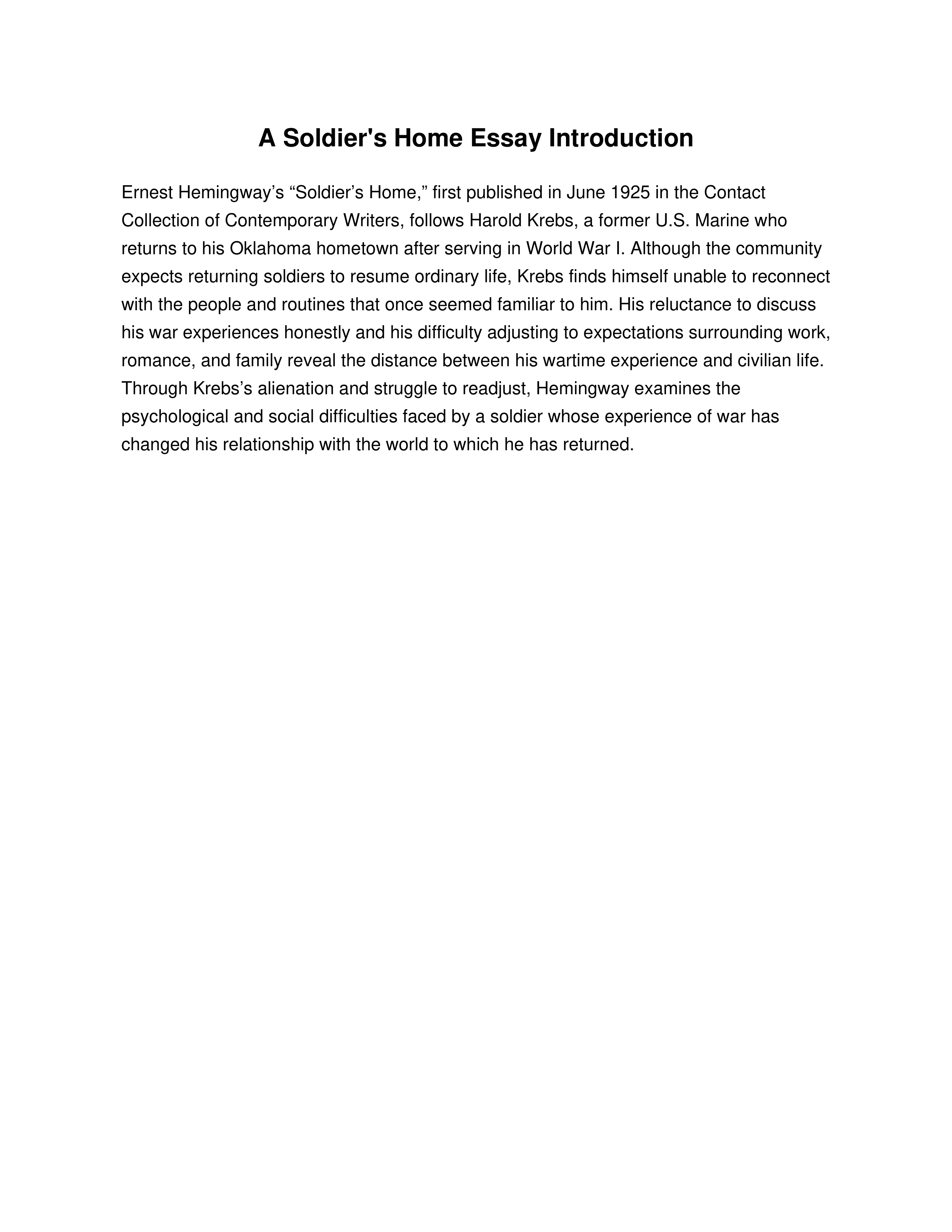 A Soldier's Home Essay Introduction — page 1