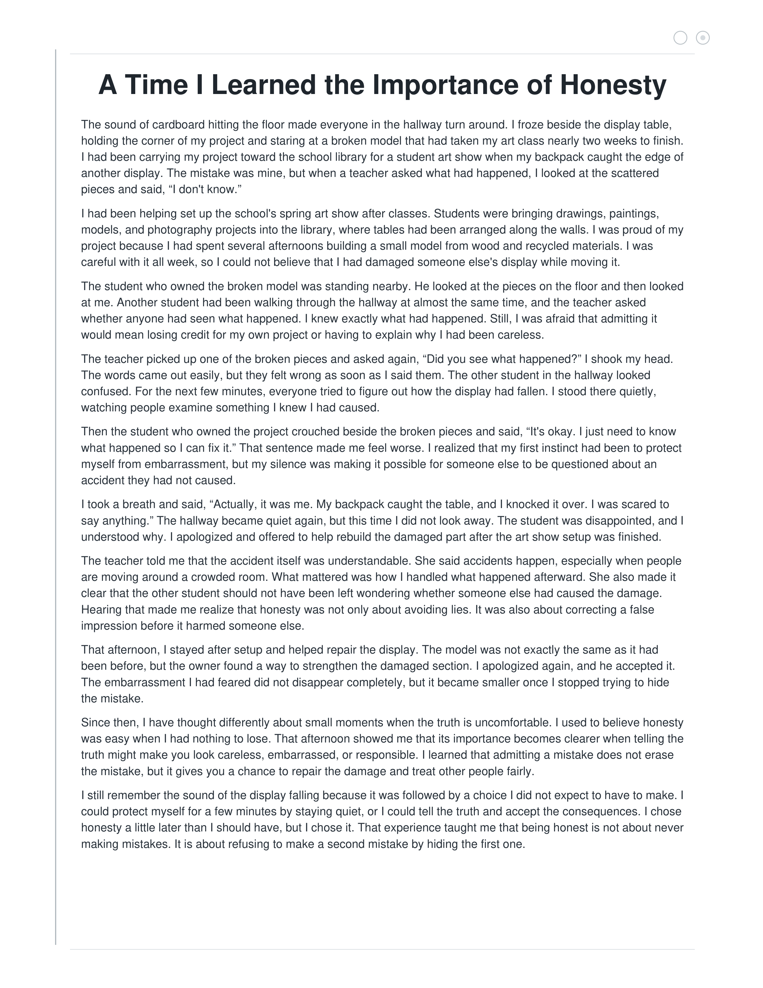A Time I Learned the Importance of Honesty Narrative Essay — page 1