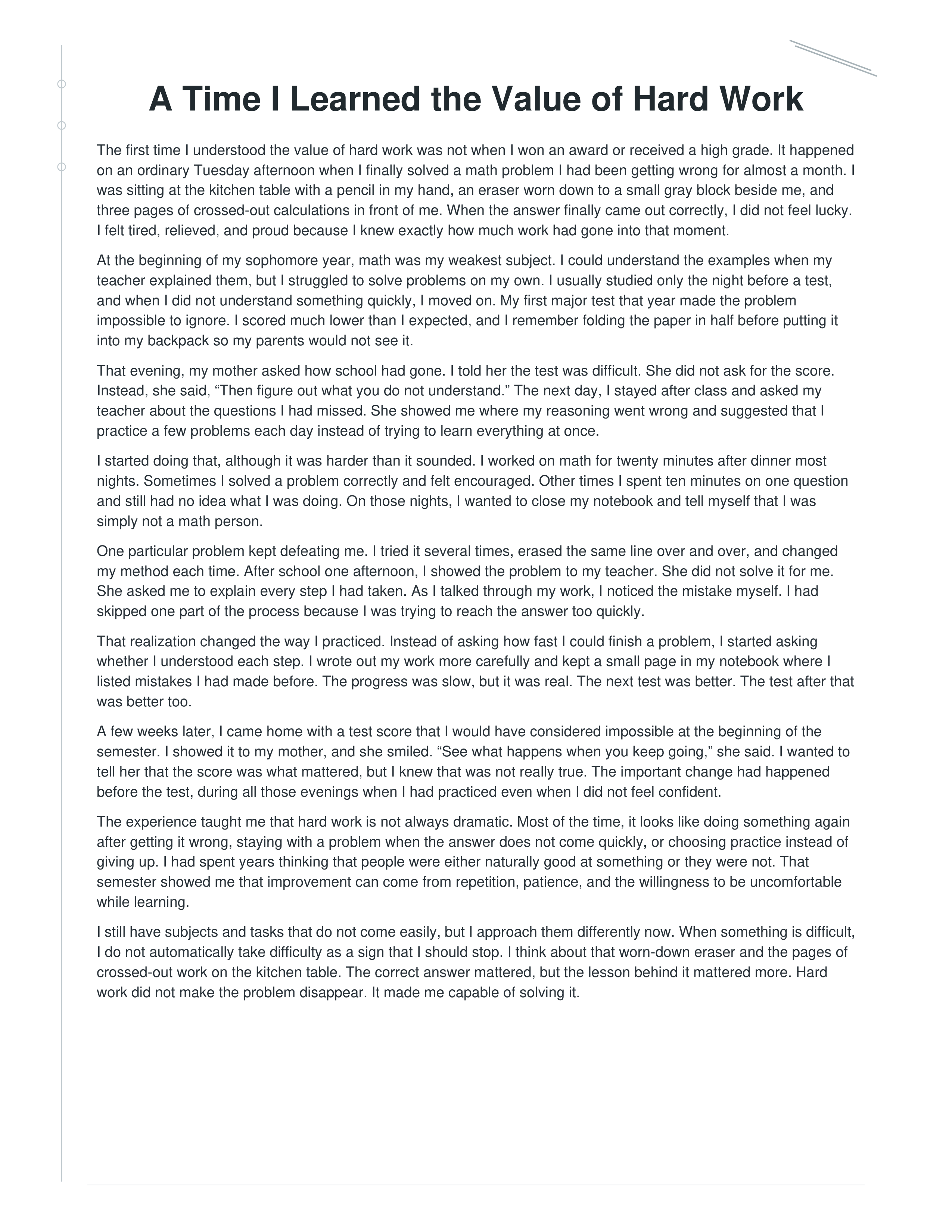 A Time I Learned the Value of Hard Work Narrative Essay — page 1