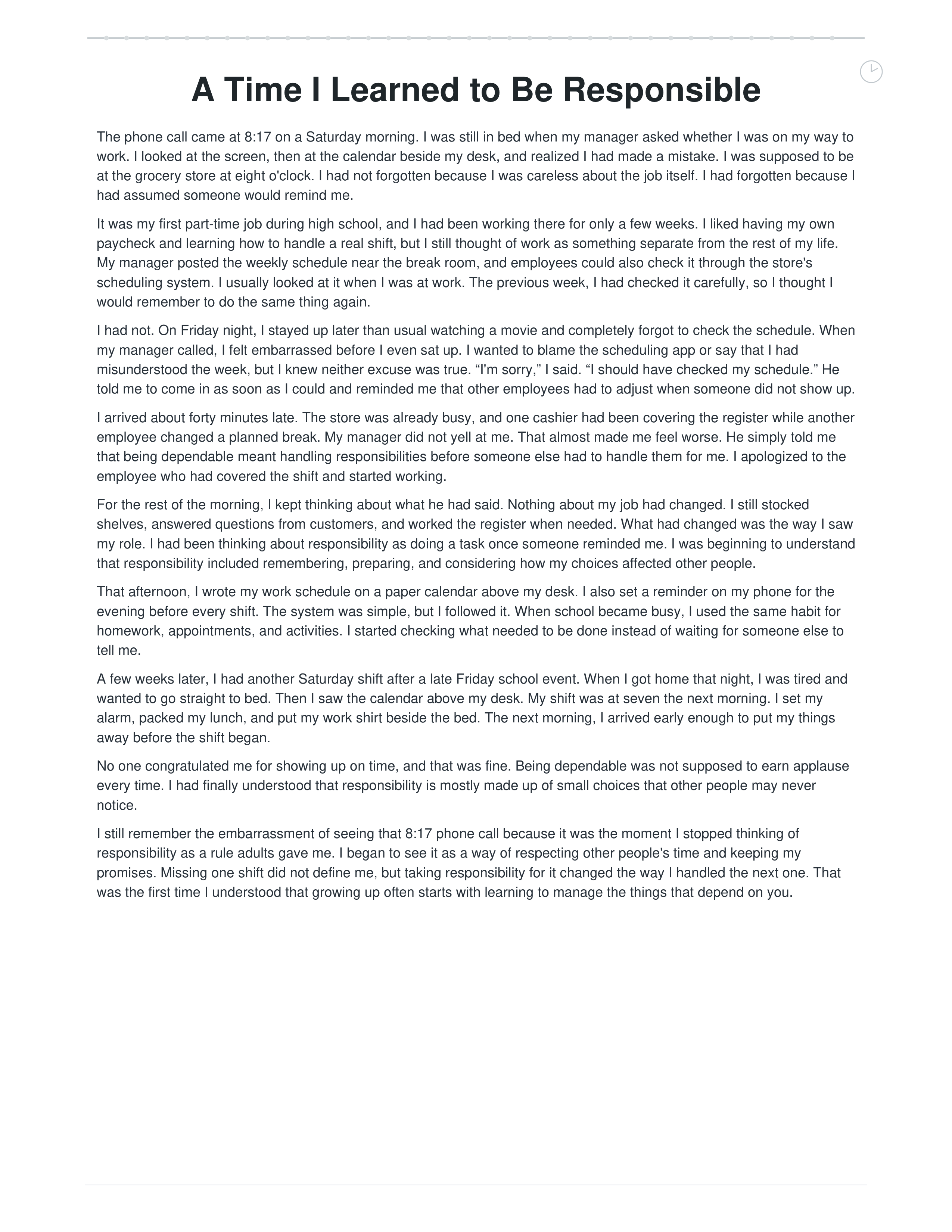 A Time I Learned to Be Responsible Narrative Essay — page 1
