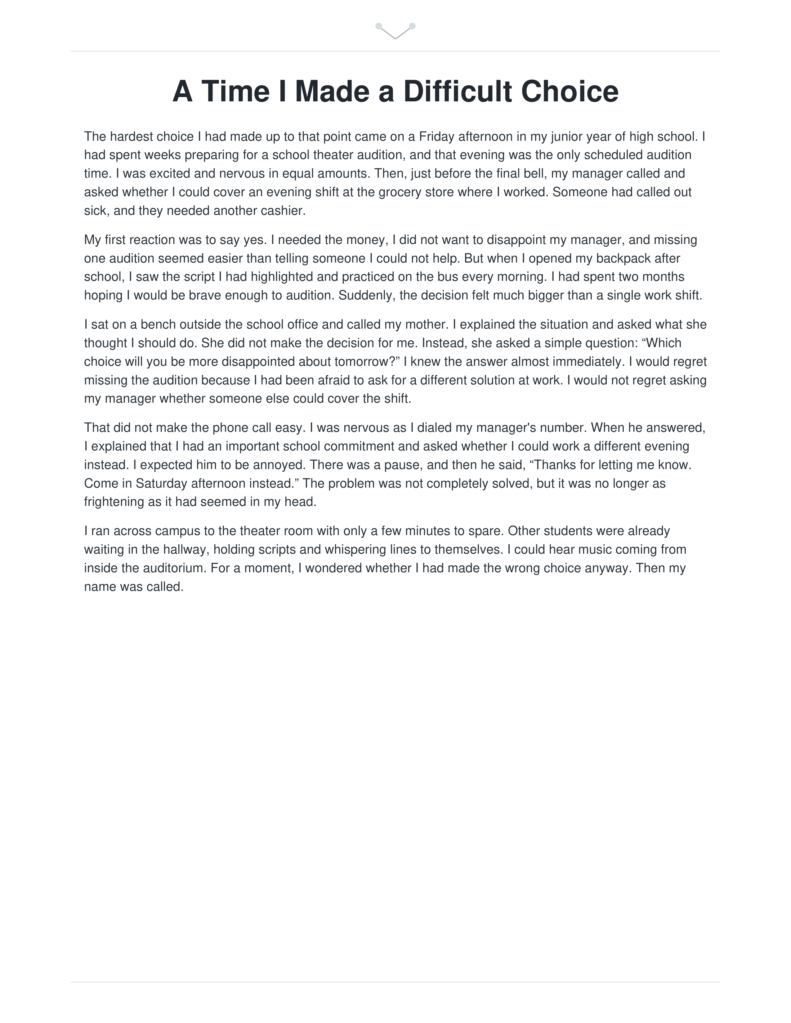 A Time I Made a Difficult Choice Narrative Essay — page 1