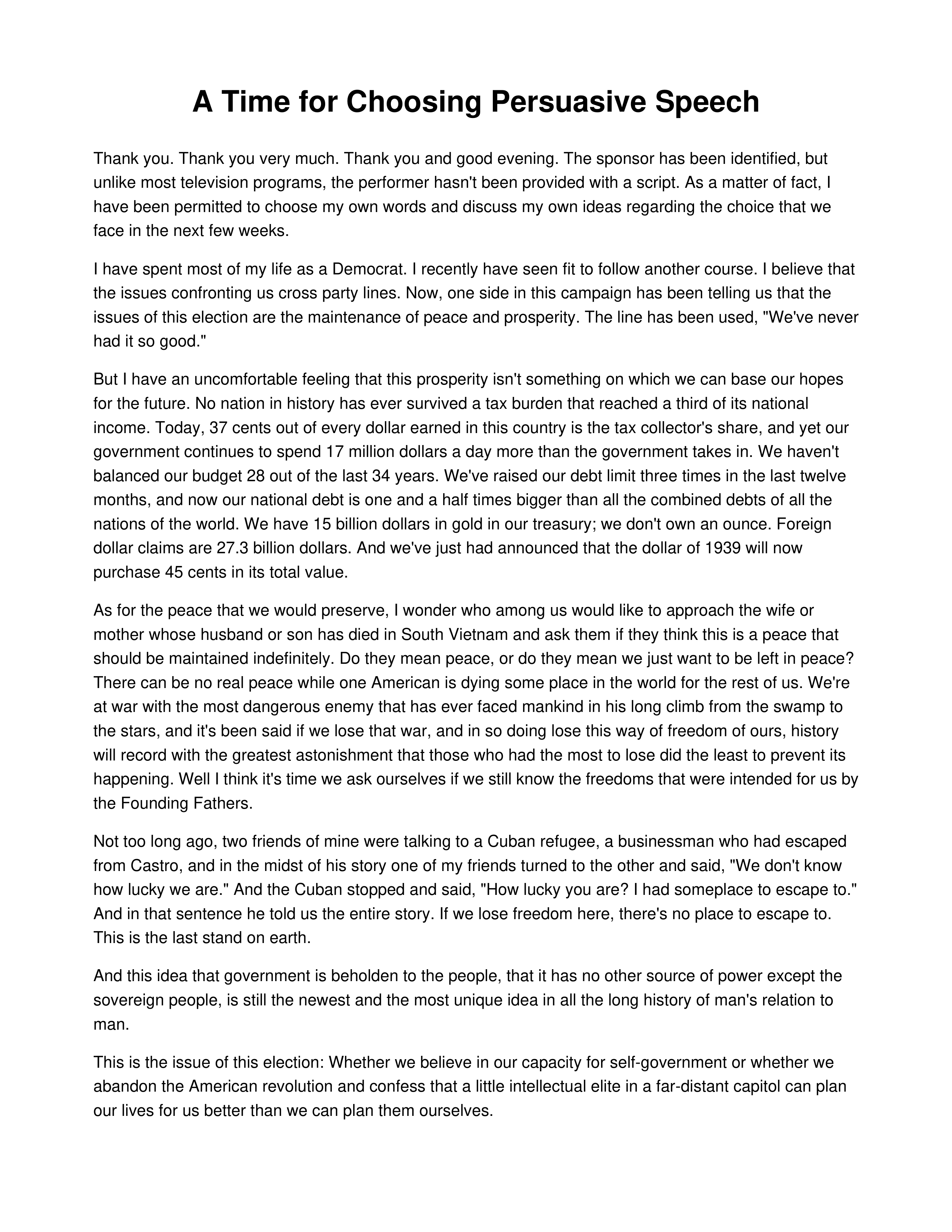 A Time for Choosing Persuasive Speech — page 1