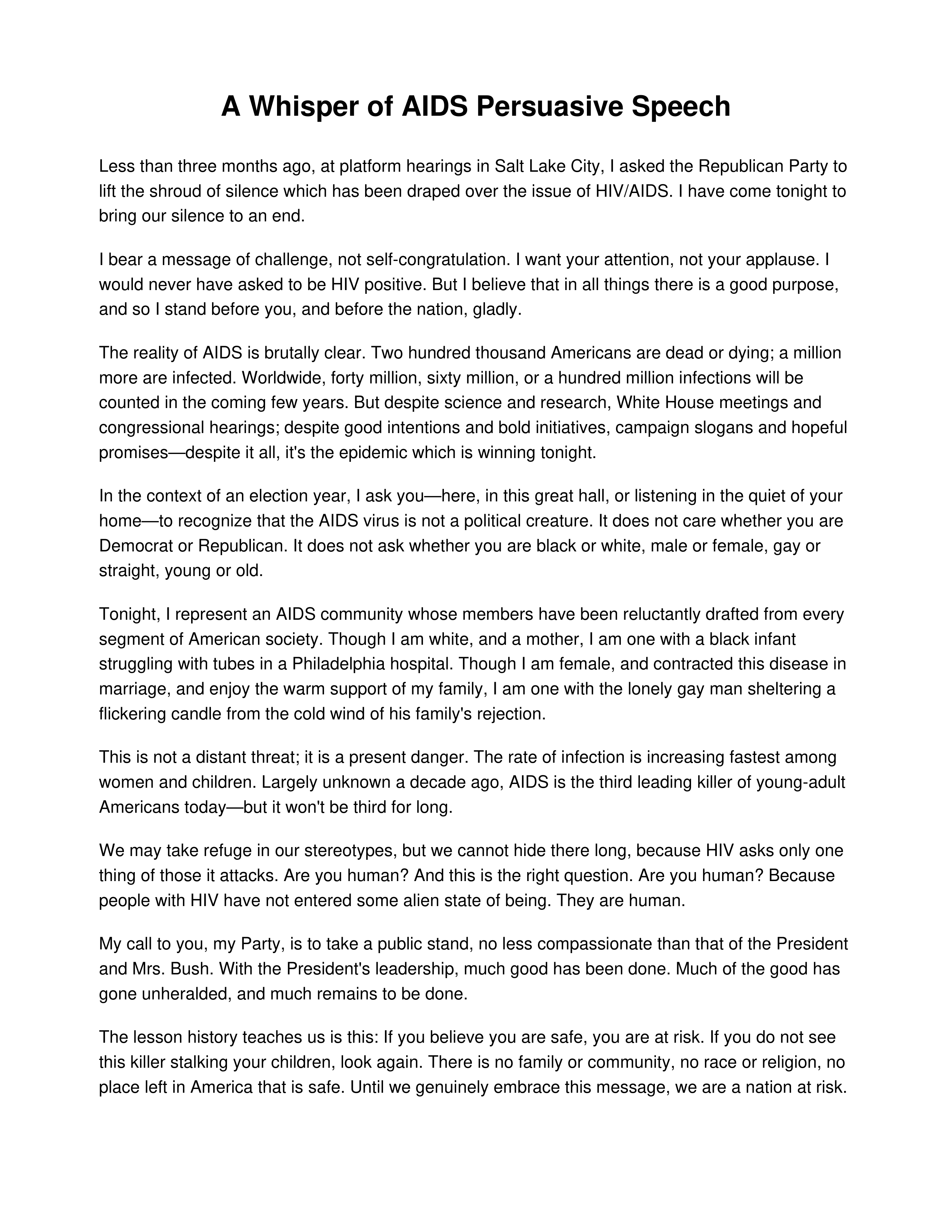 A Whisper of AIDS Persuasive Speech — page 1