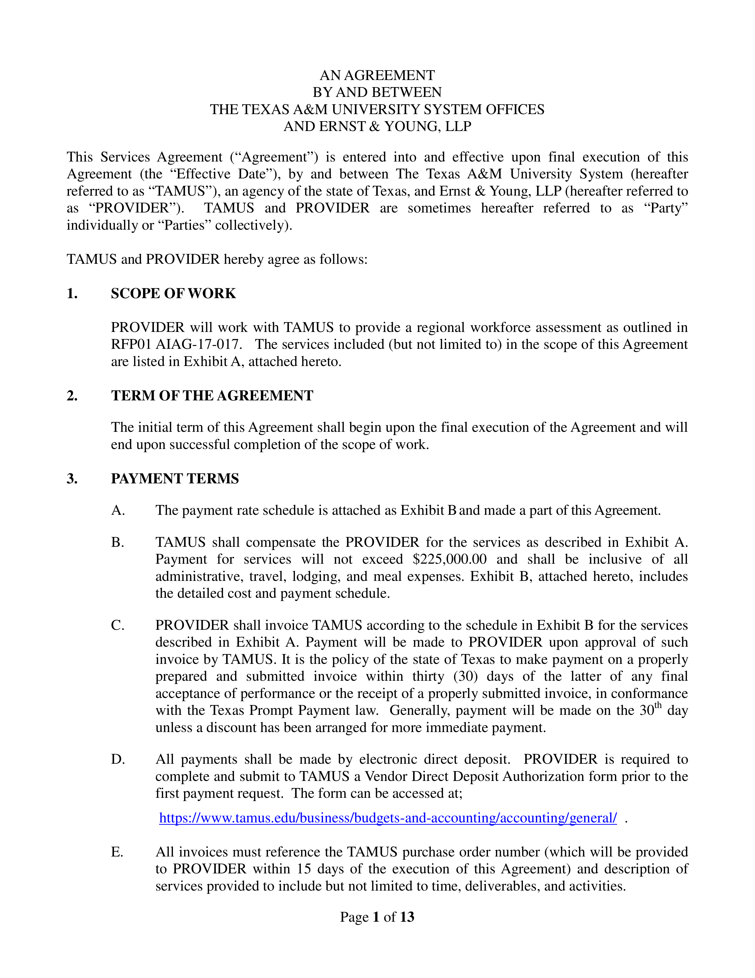 AGREEMENT BETWEEN THE TEXAS A&M UNIVERSITY SYSTEM OFFICES AND ERNST & YOUNG — page 1