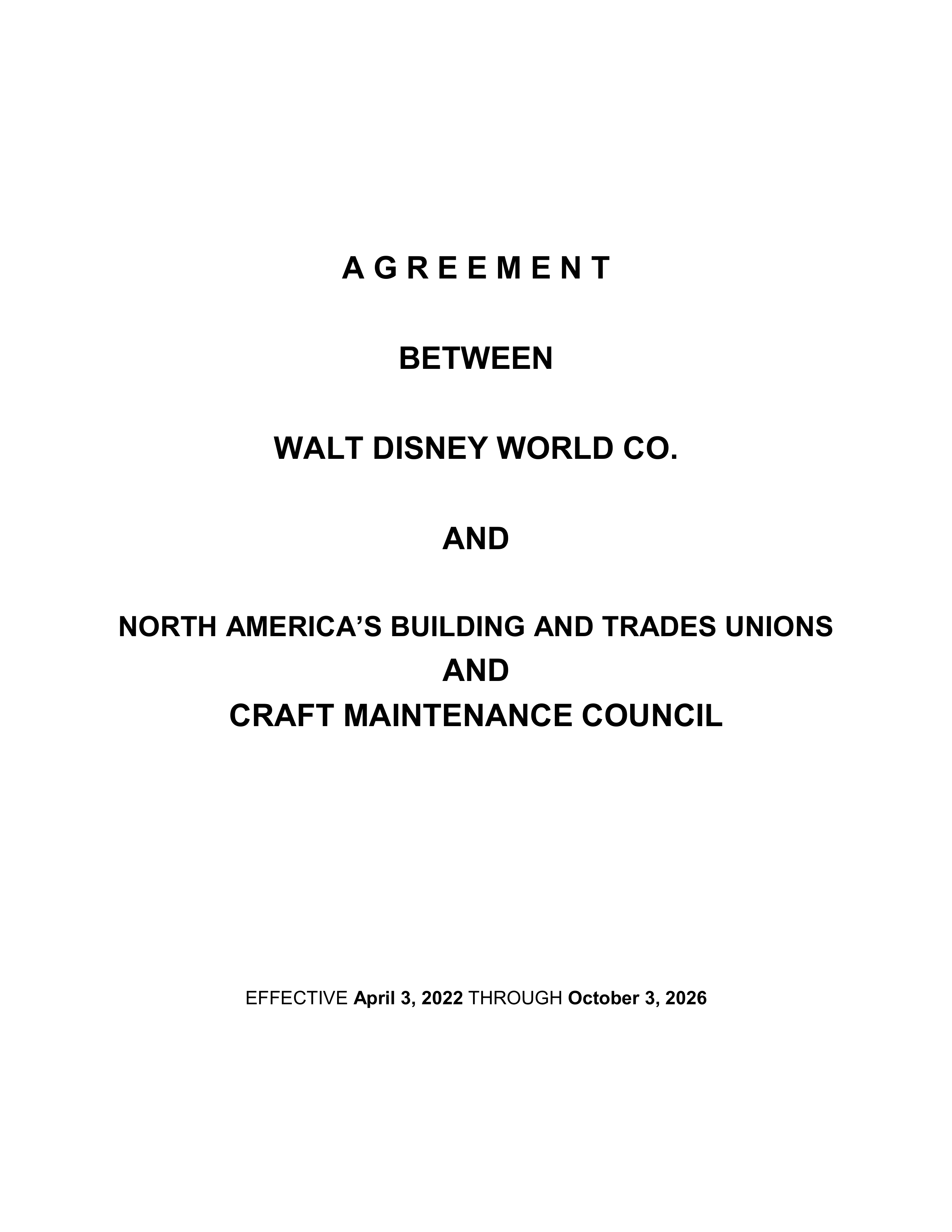 AGREEMENT BETWEEN WALT DISNEY WORLD CO. AND NORTH AMERICA’S BUILDING AND TRADES UNION — page 1
