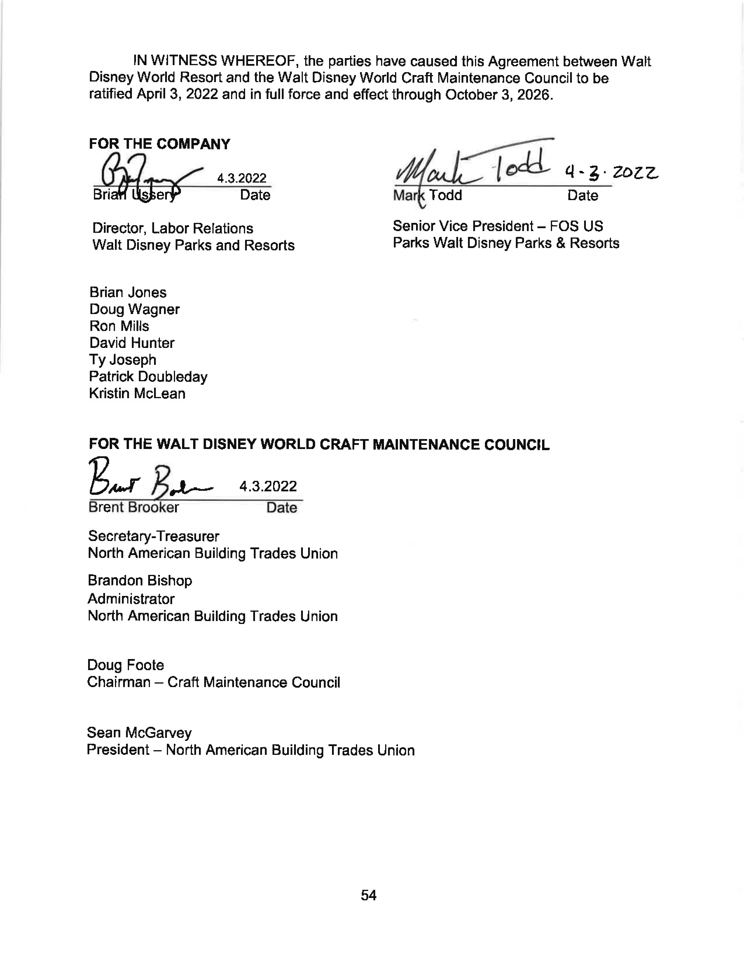 AGREEMENT BETWEEN WALT DISNEY WORLD CO. AND NORTH AMERICA’S BUILDING AND TRADES UNION — page 58