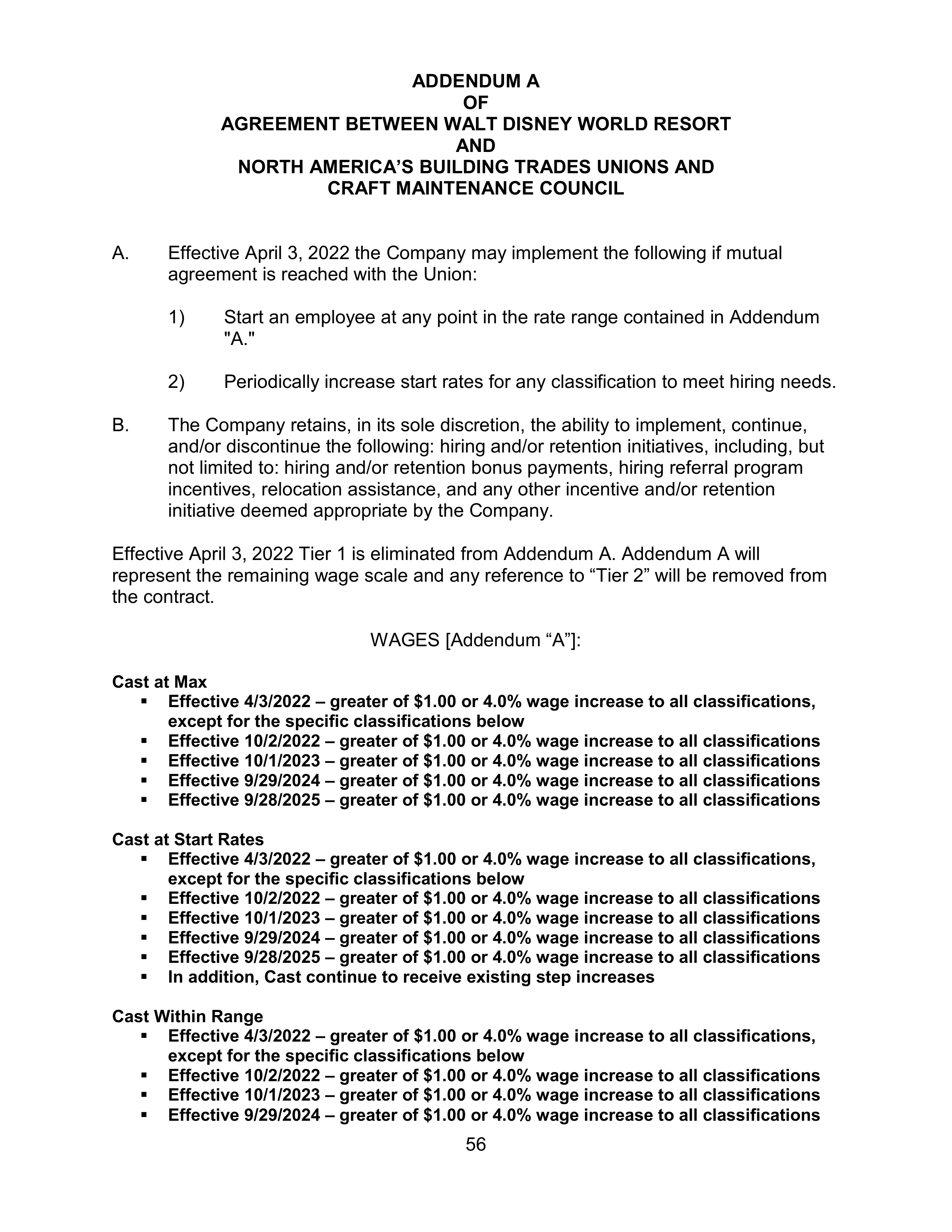 AGREEMENT BETWEEN WALT DISNEY WORLD CO. AND NORTH AMERICA’S BUILDING AND TRADES UNION — page 60