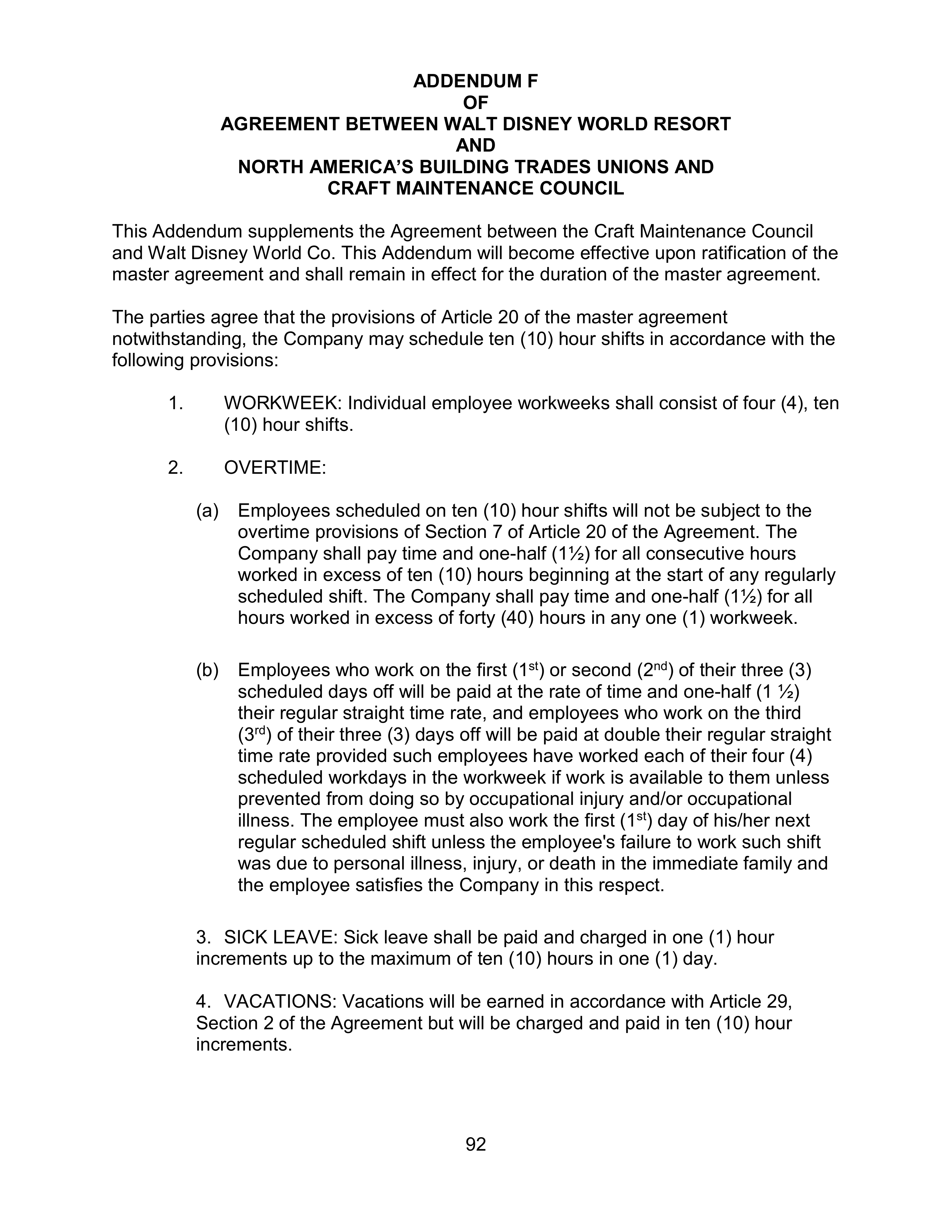 AGREEMENT BETWEEN WALT DISNEY WORLD CO. AND NORTH AMERICA’S BUILDING AND TRADES UNION — page 96
