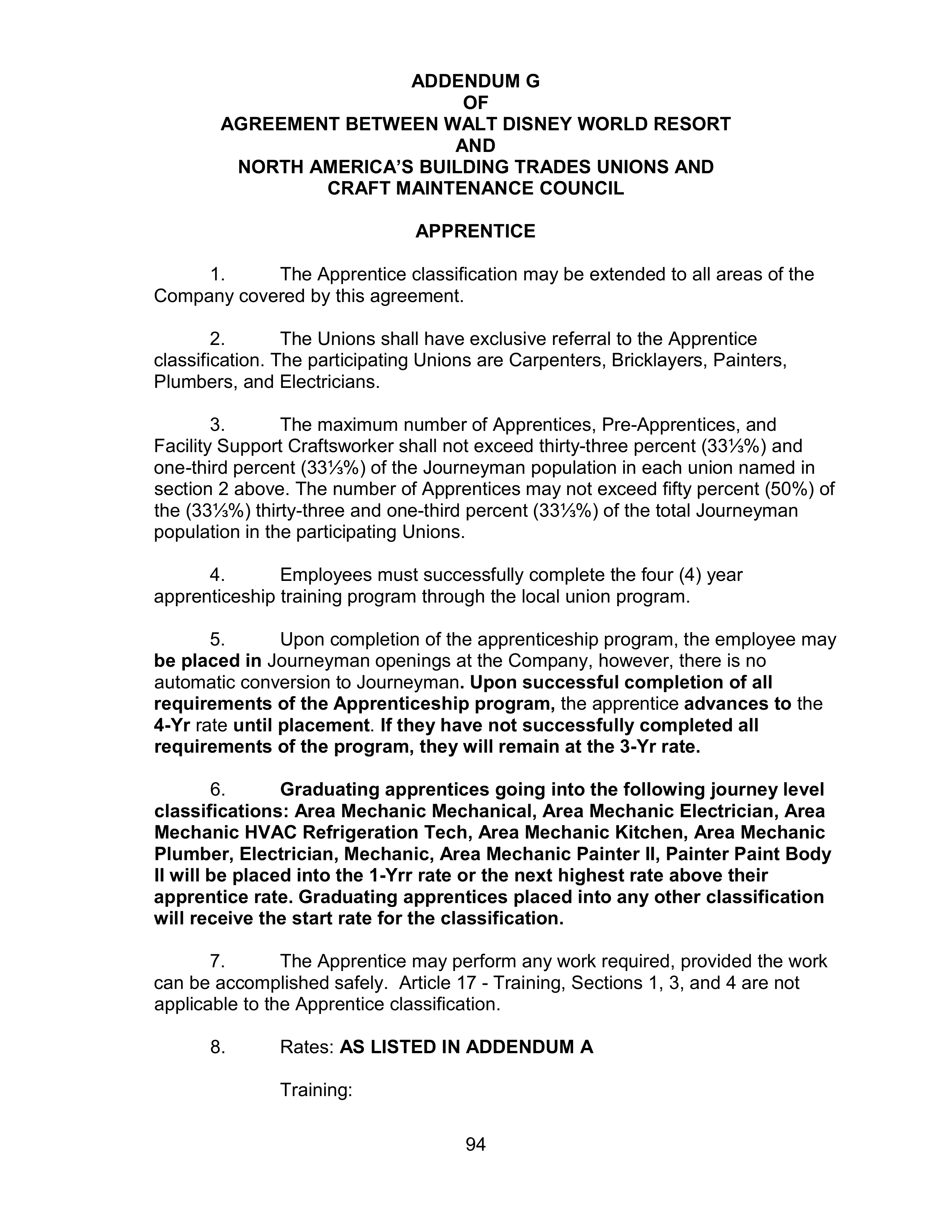 AGREEMENT BETWEEN WALT DISNEY WORLD CO. AND NORTH AMERICA’S BUILDING AND TRADES UNION — page 98