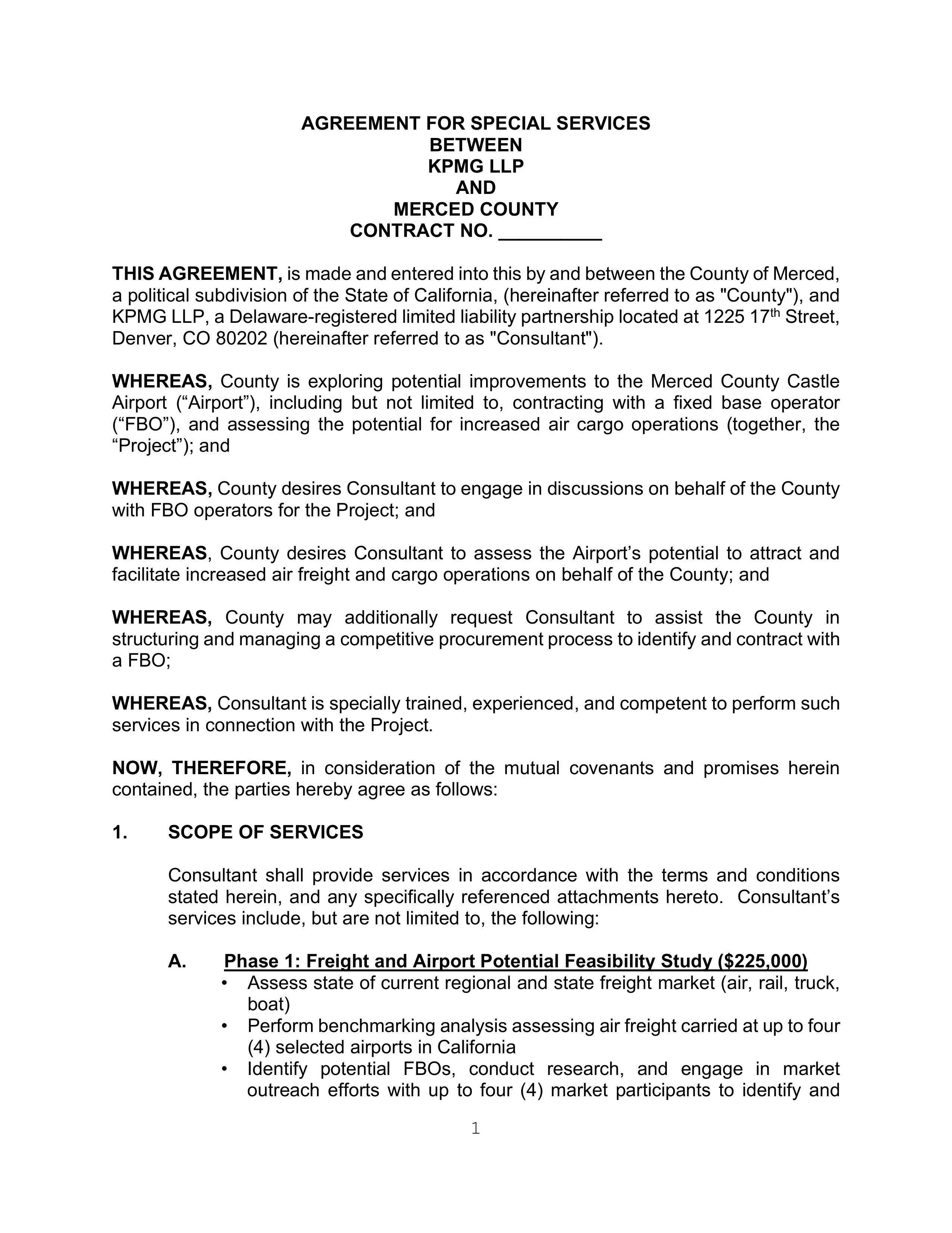 AGREEMENT FOR SPECIAL SERVICES BETWEEN KPMG LLP and MERCED COUNTY — page 1