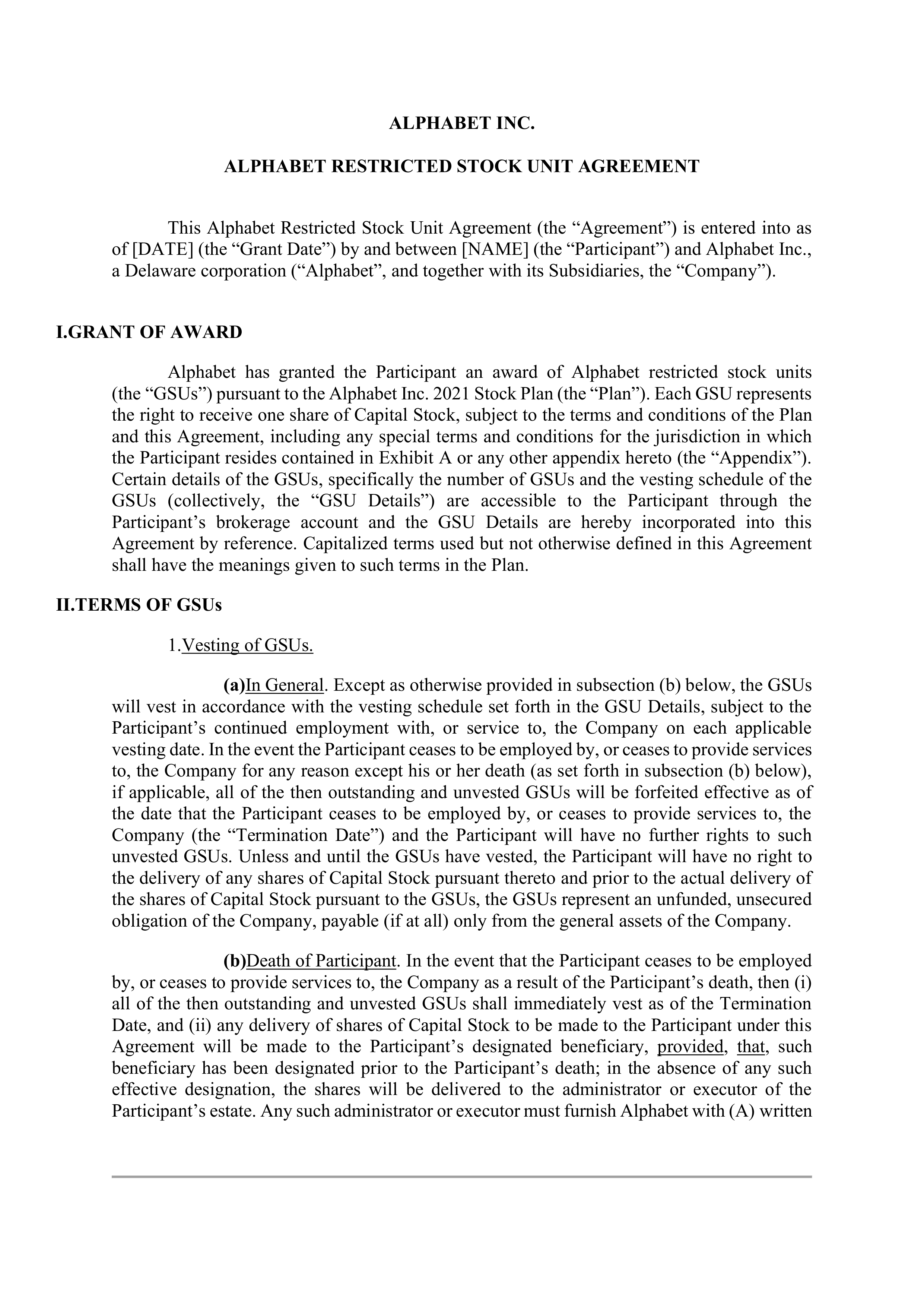 ALPHABET RESTRICTED STOCK UNIT AGREEMENT — page 1