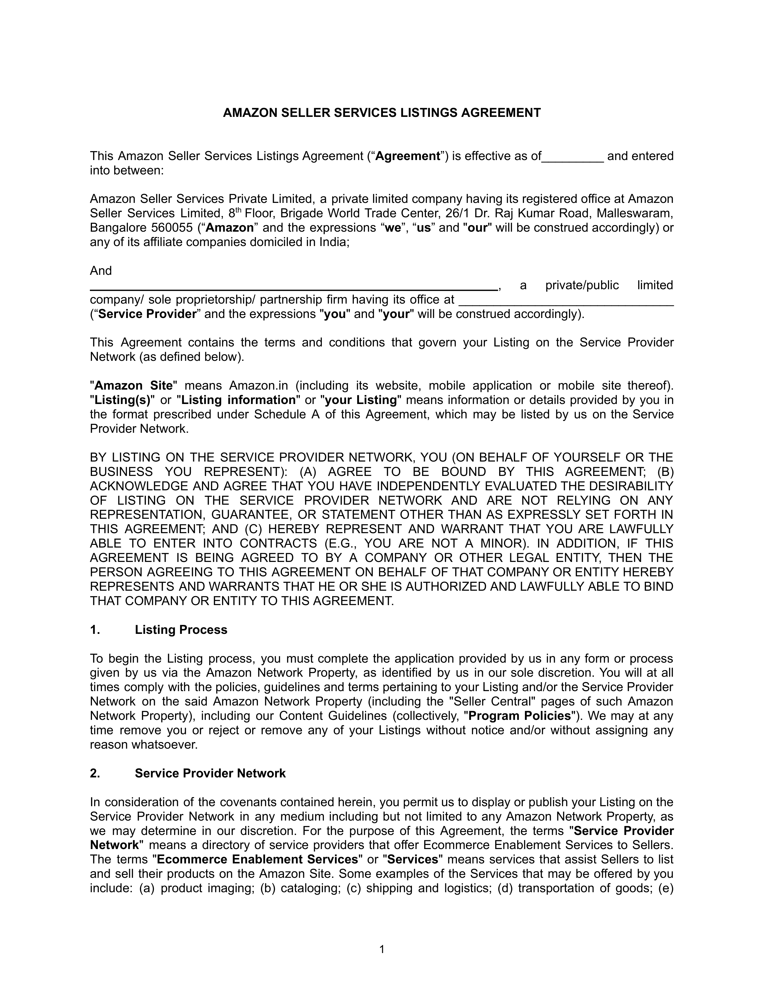 AMAZON SELLER SERVICES LISTINGS AGREEMENT — page 1