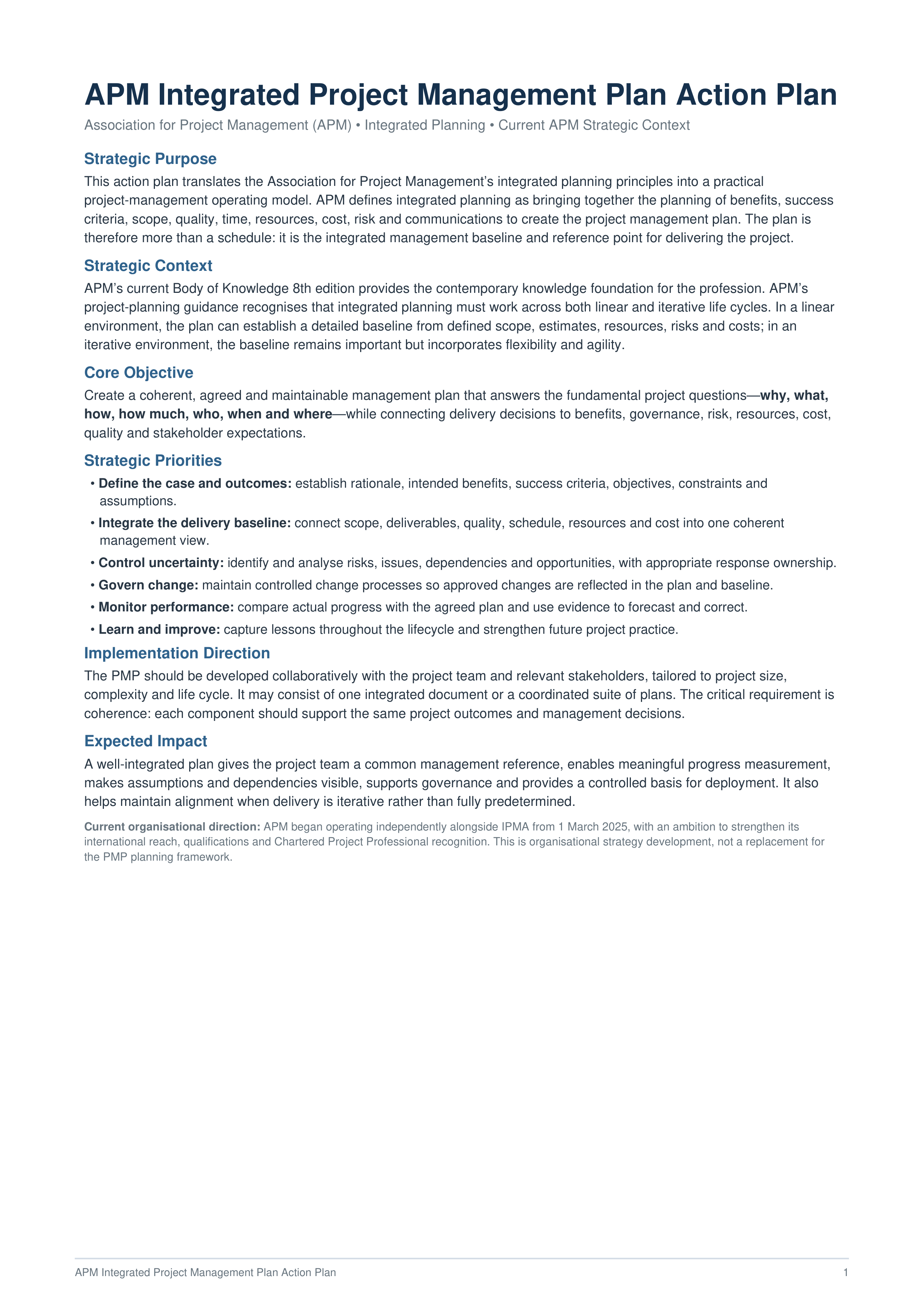 APM Integrated Project Management Plan Action Plan — page 1