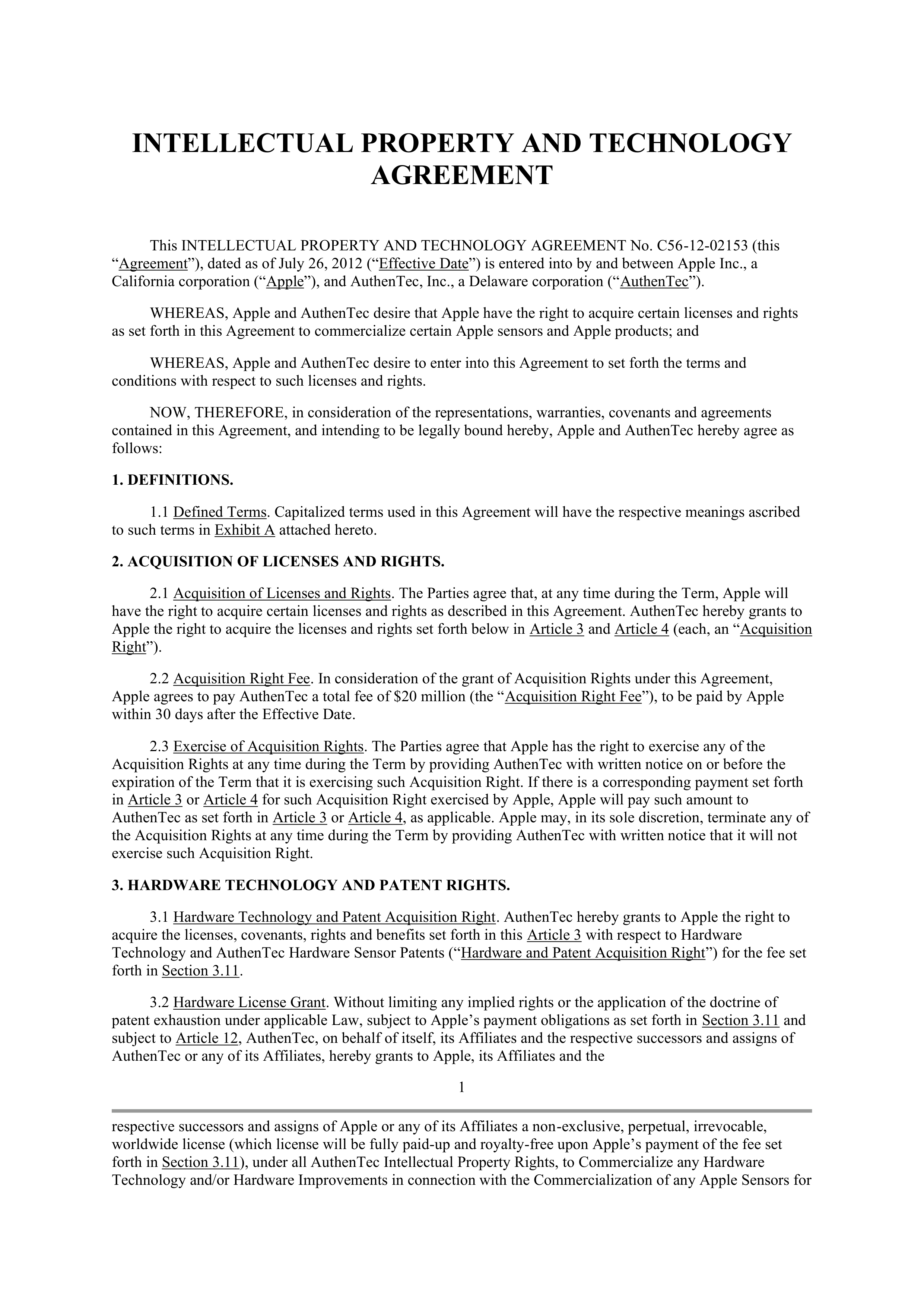 APPLE INTELLECTUAL PROPERTY AND TECHNOLOGY AGREEMENT — page 1