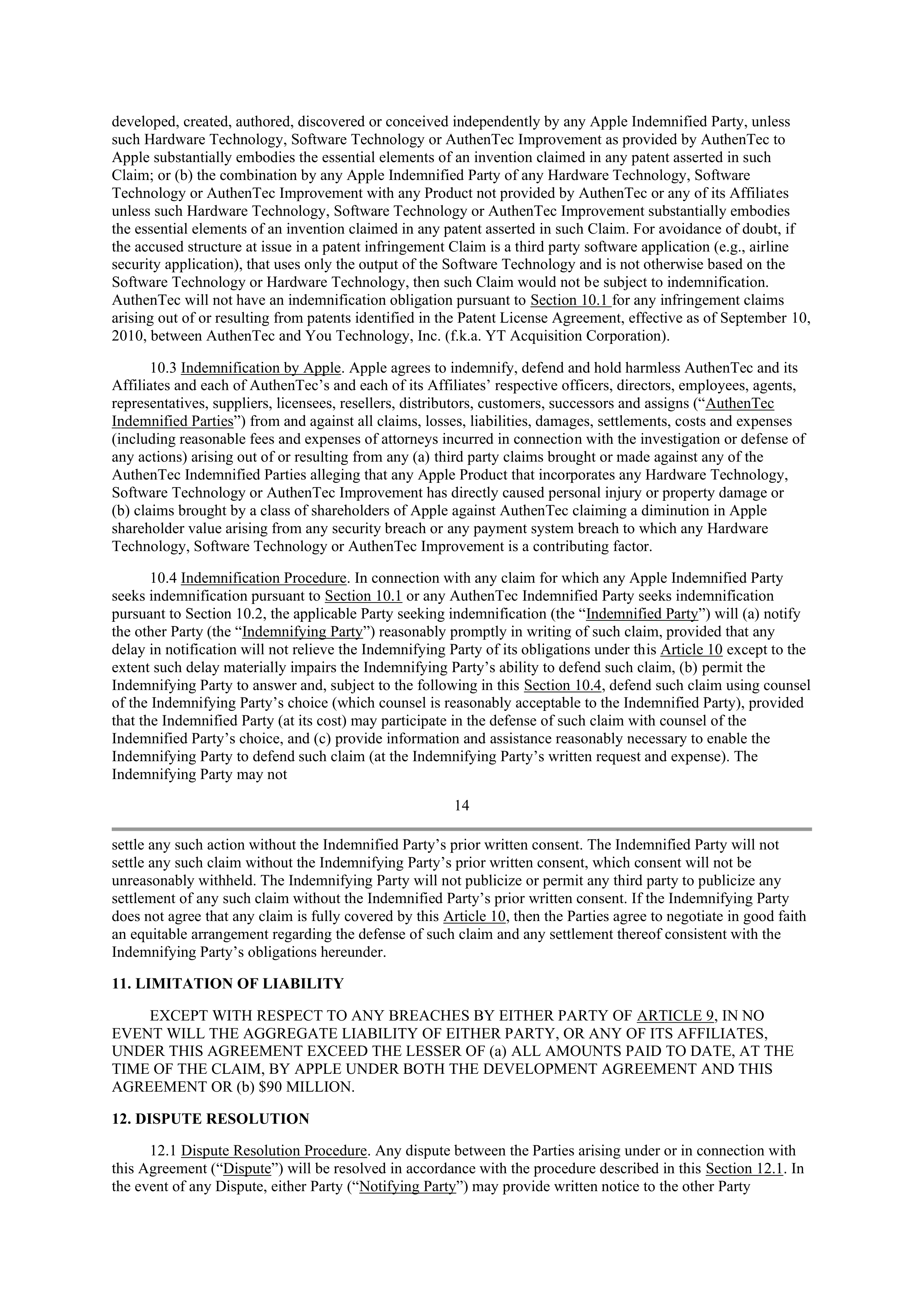 APPLE INTELLECTUAL PROPERTY AND TECHNOLOGY AGREEMENT — page 12