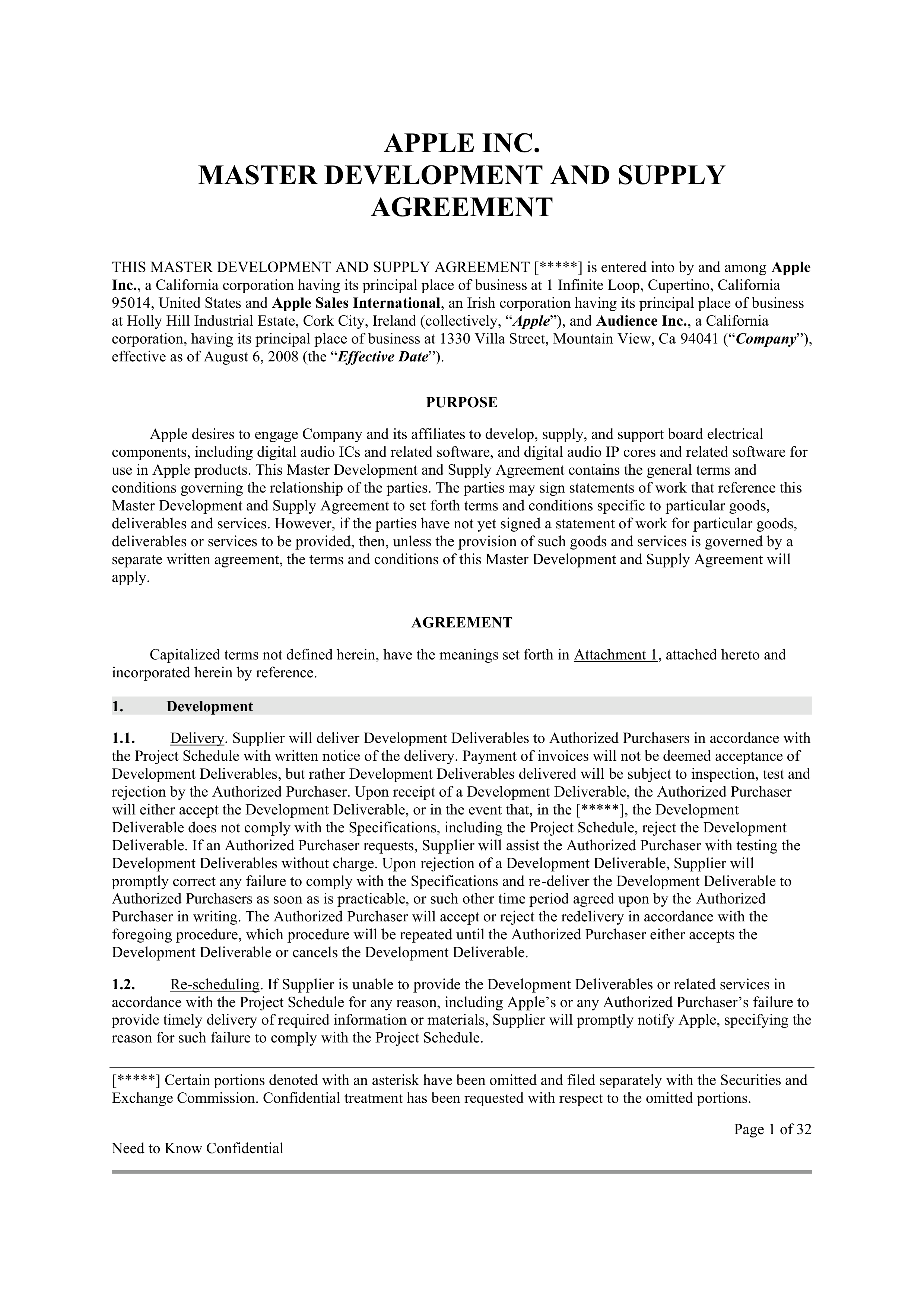 APPLE INC. MASTER DEVELOPMENT AND SUPPLY AGREEMENT — page 1