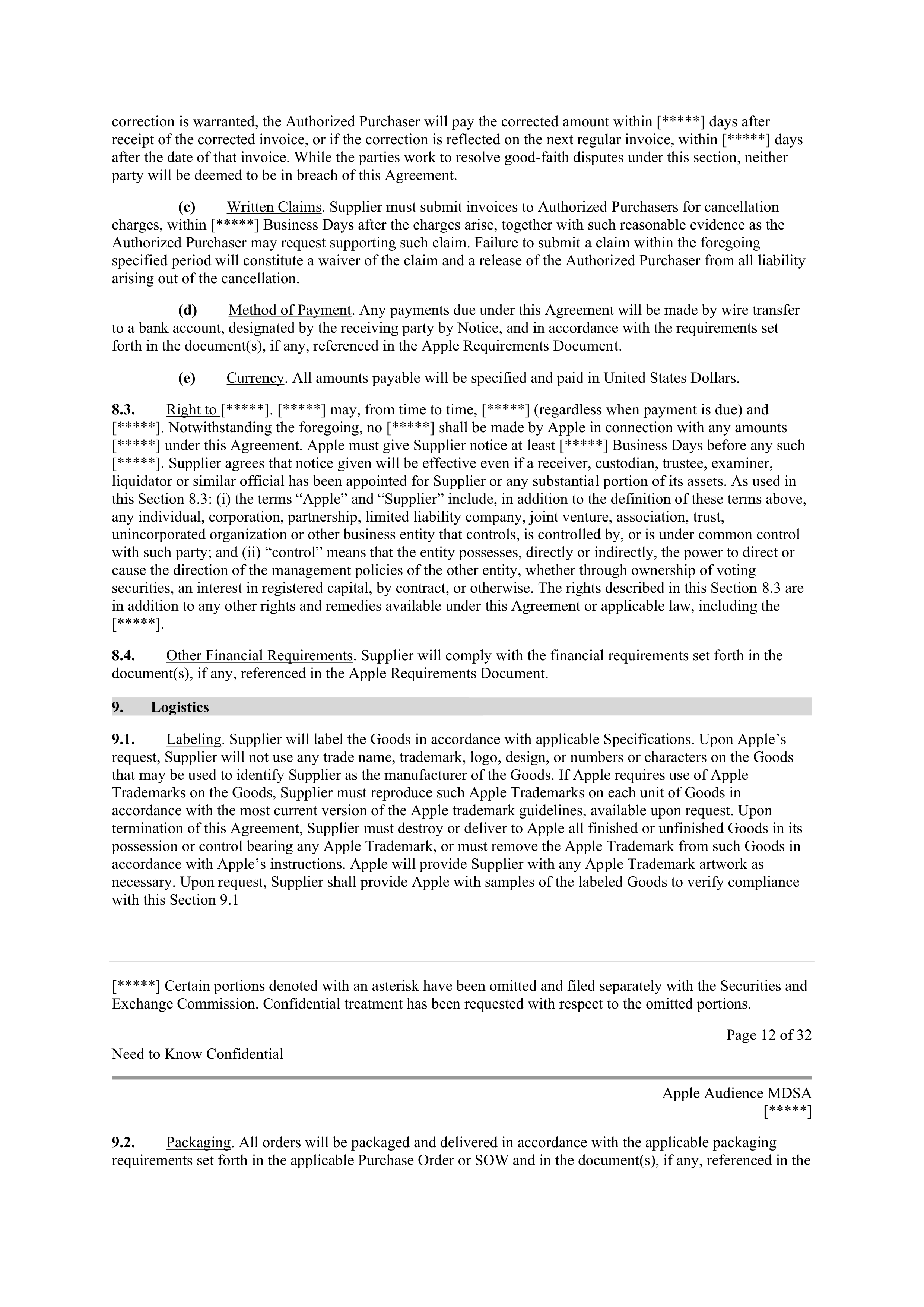 APPLE INC. MASTER DEVELOPMENT AND SUPPLY AGREEMENT — page 11