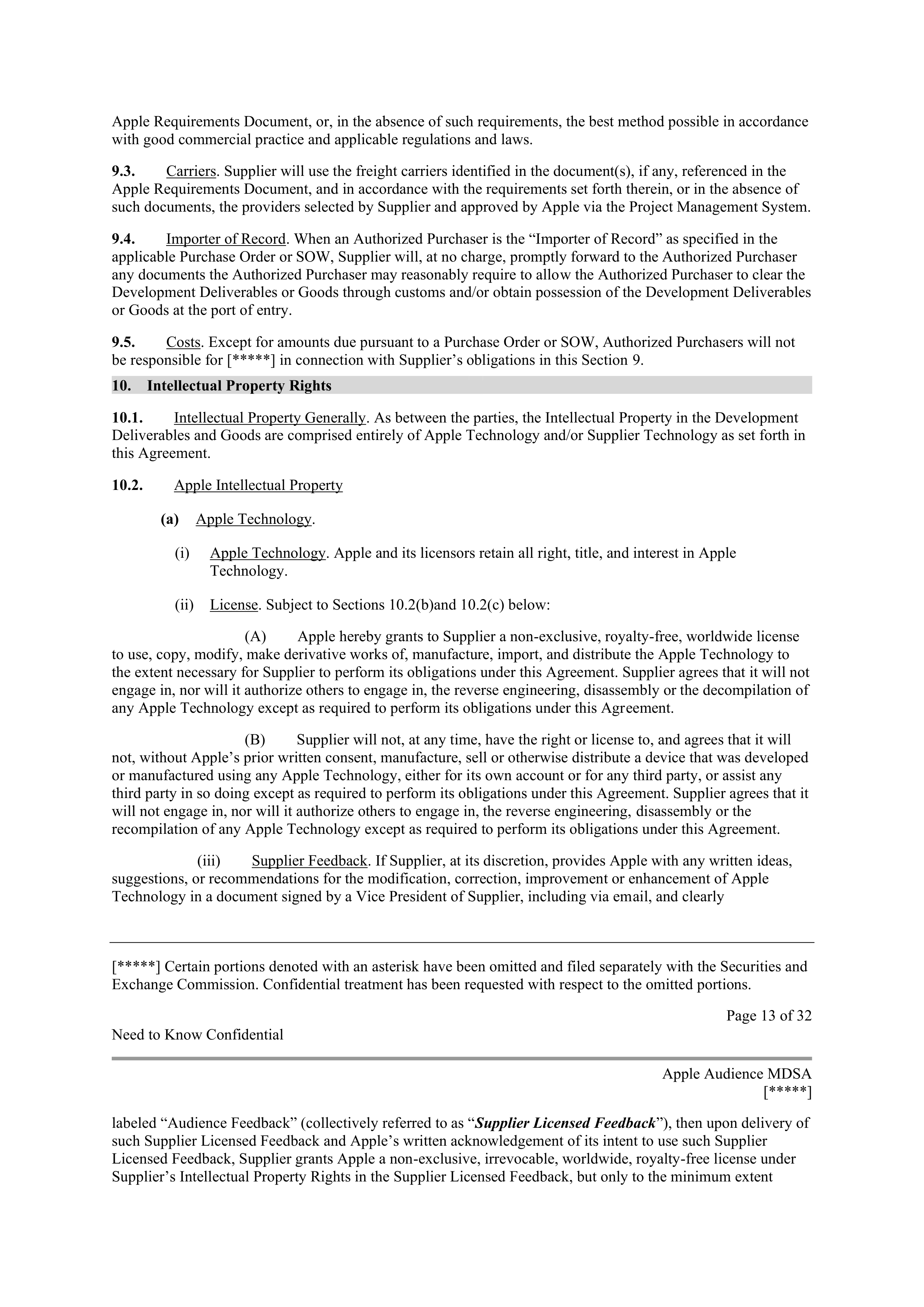 APPLE INC. MASTER DEVELOPMENT AND SUPPLY AGREEMENT — page 12