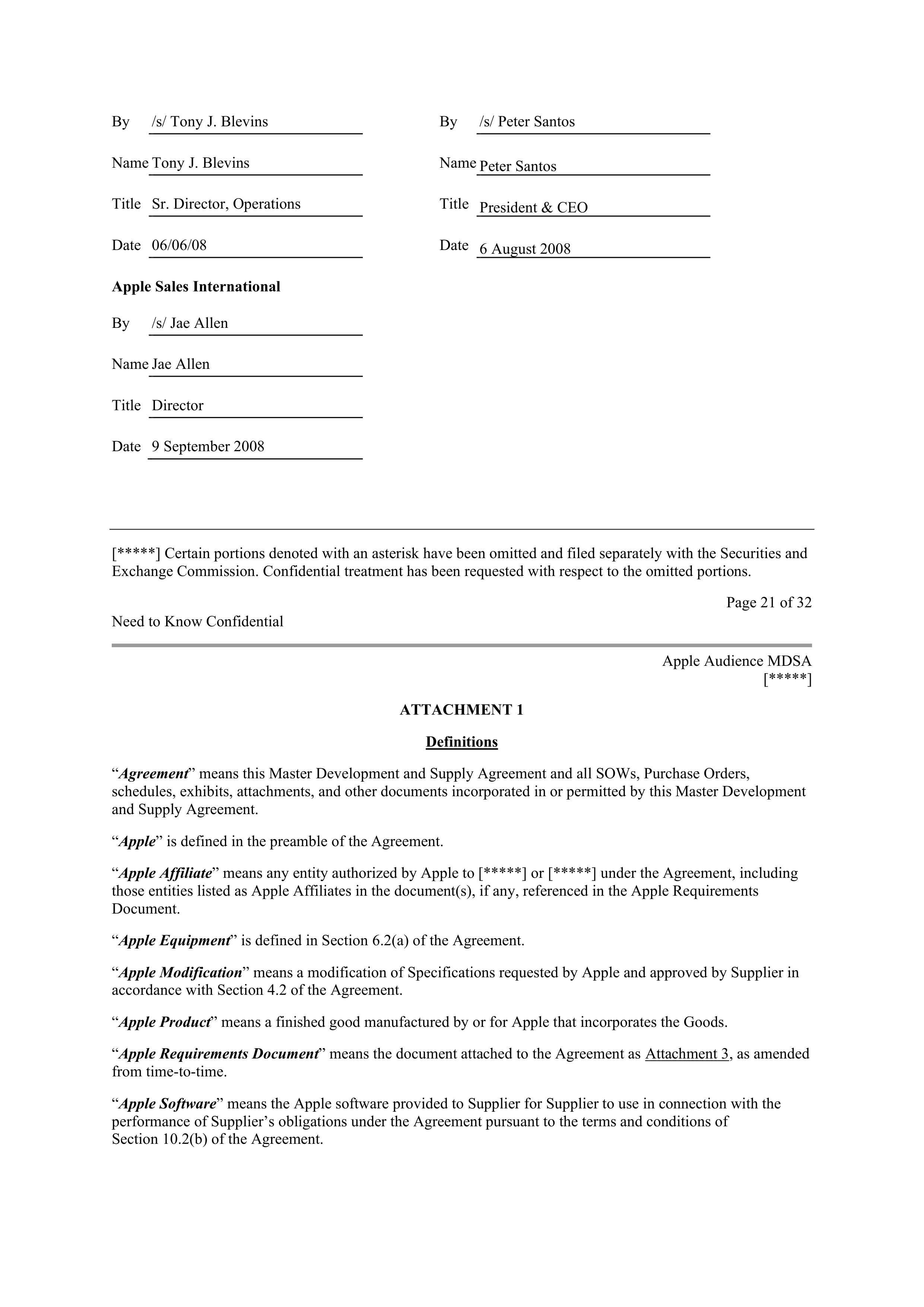 APPLE INC. MASTER DEVELOPMENT AND SUPPLY AGREEMENT — page 19