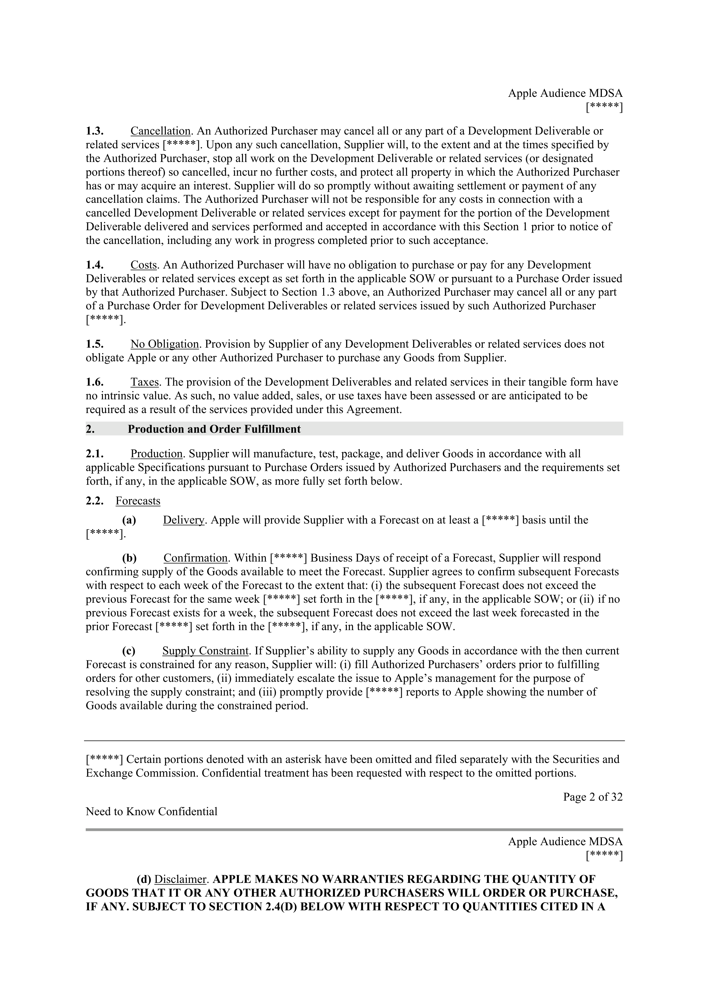 APPLE INC. MASTER DEVELOPMENT AND SUPPLY AGREEMENT — page 2