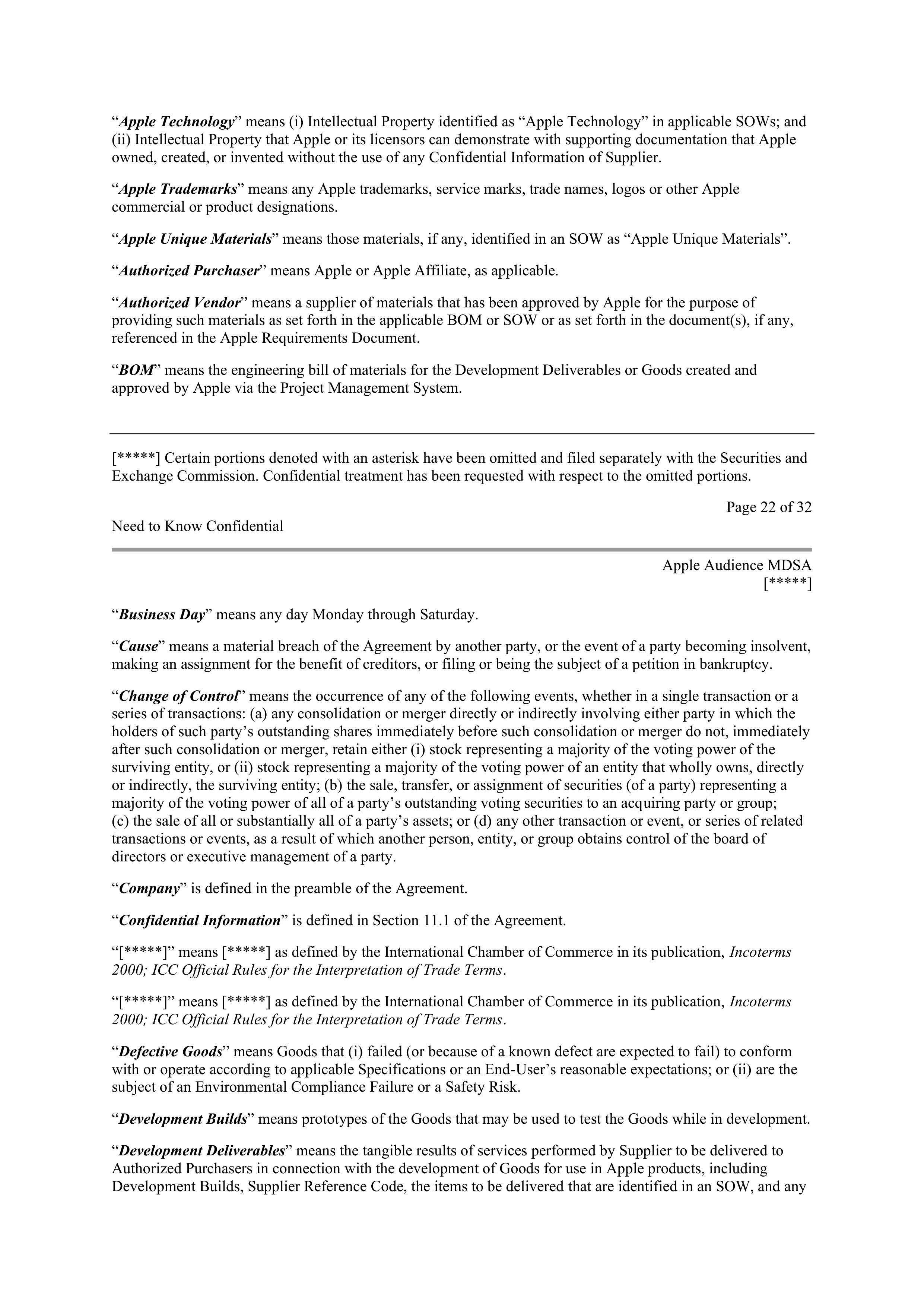 APPLE INC. MASTER DEVELOPMENT AND SUPPLY AGREEMENT — page 20