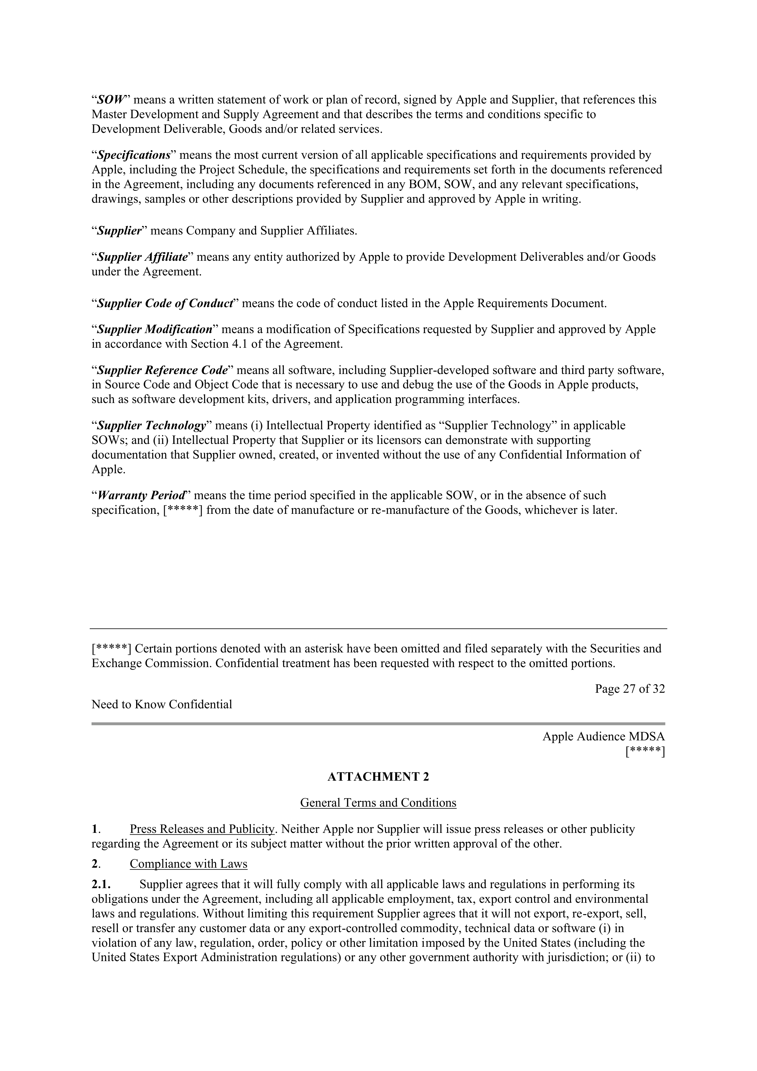 APPLE INC. MASTER DEVELOPMENT AND SUPPLY AGREEMENT — page 24