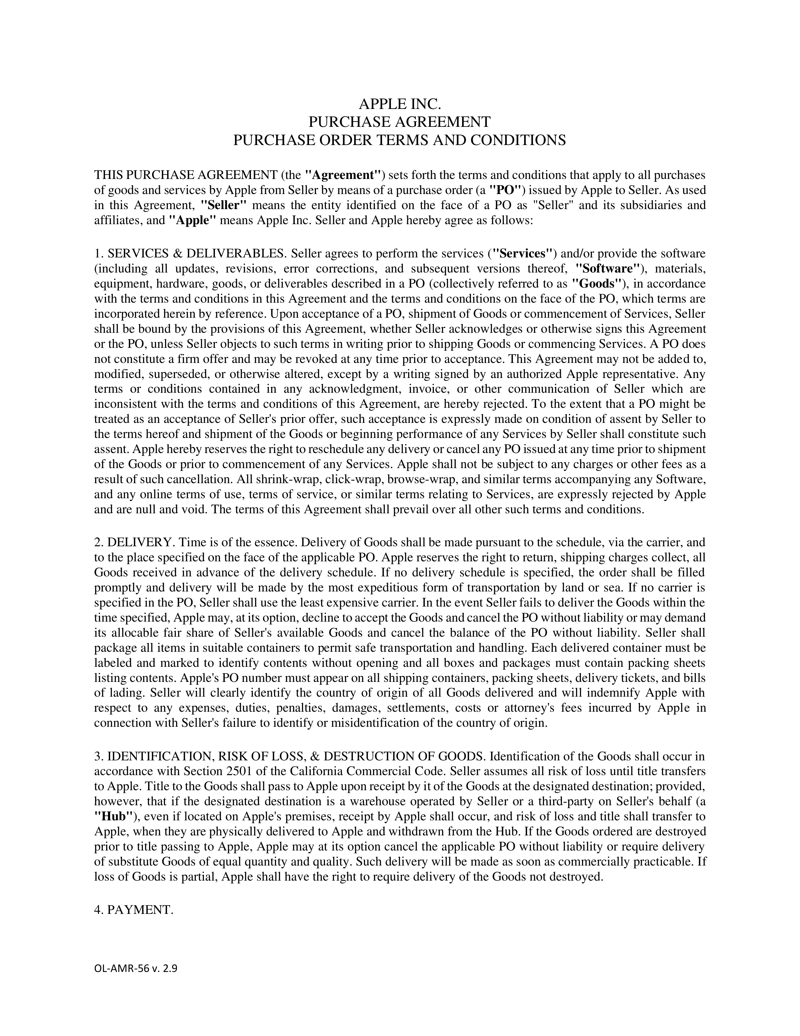 APPLE PURCHASE AGREEMENT — page 1