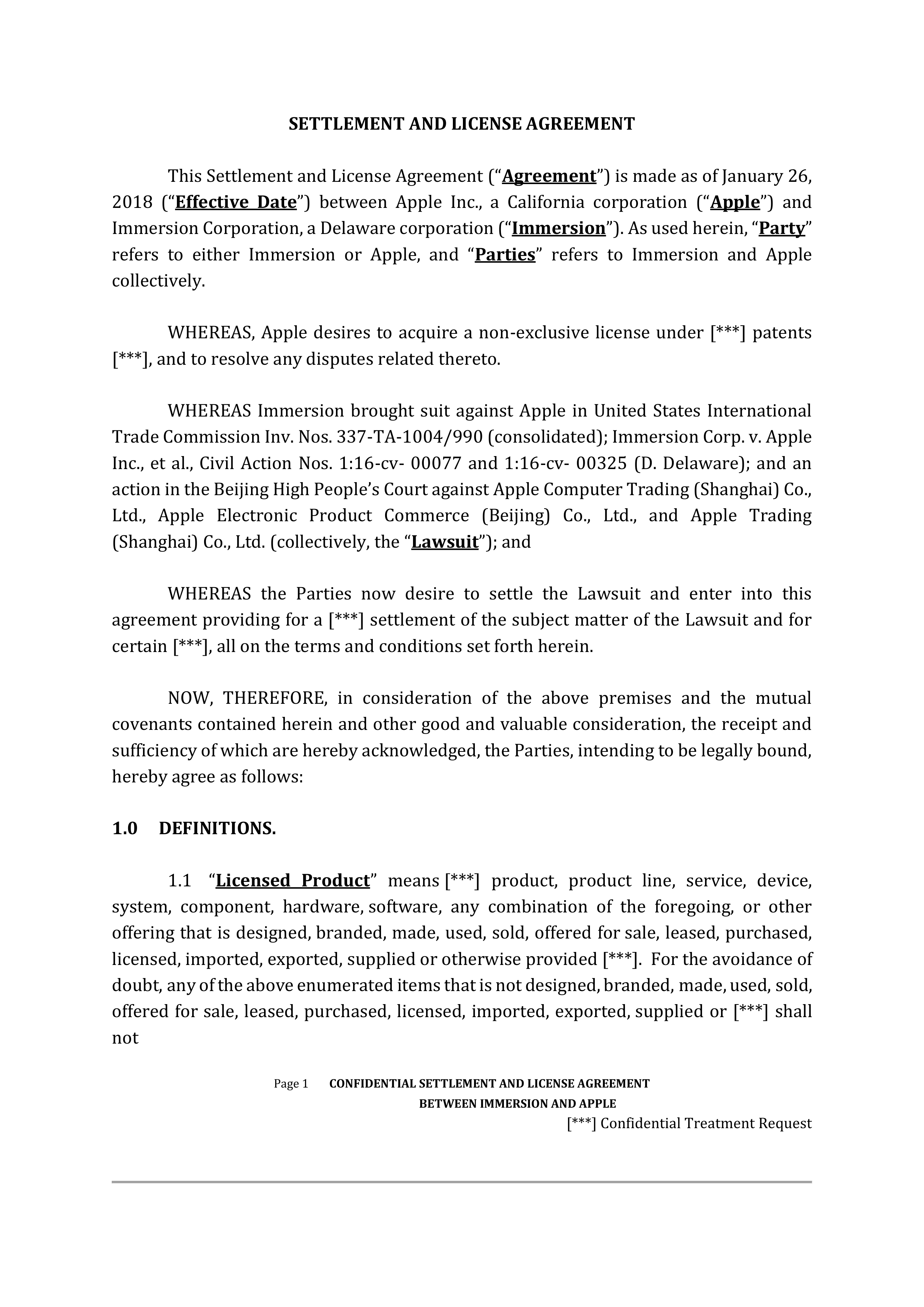 APPLE SETTLEMENT AND LICENSE AGREEMENT — page 1