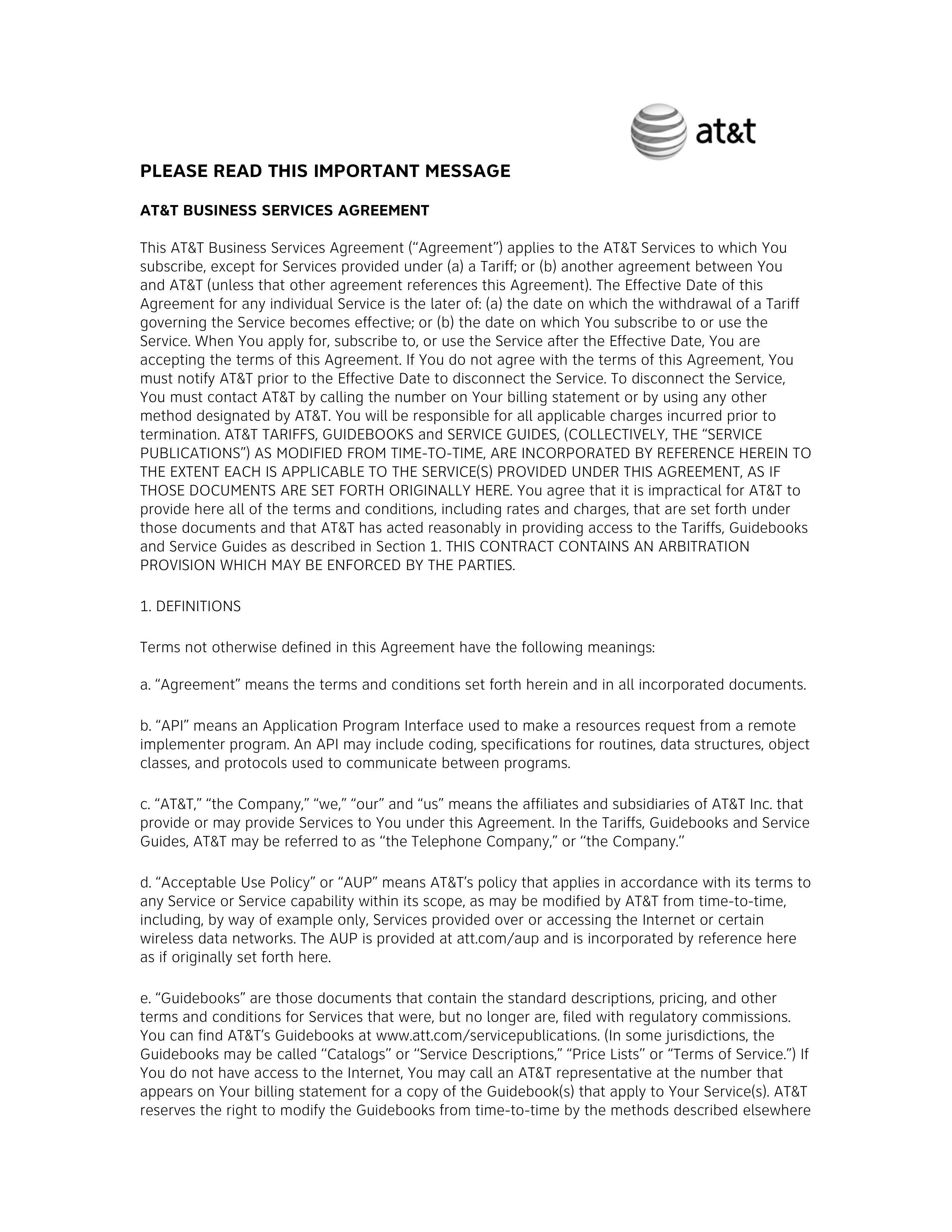 AT&T BUSINESS SERVICES AGREEMENT — page 1