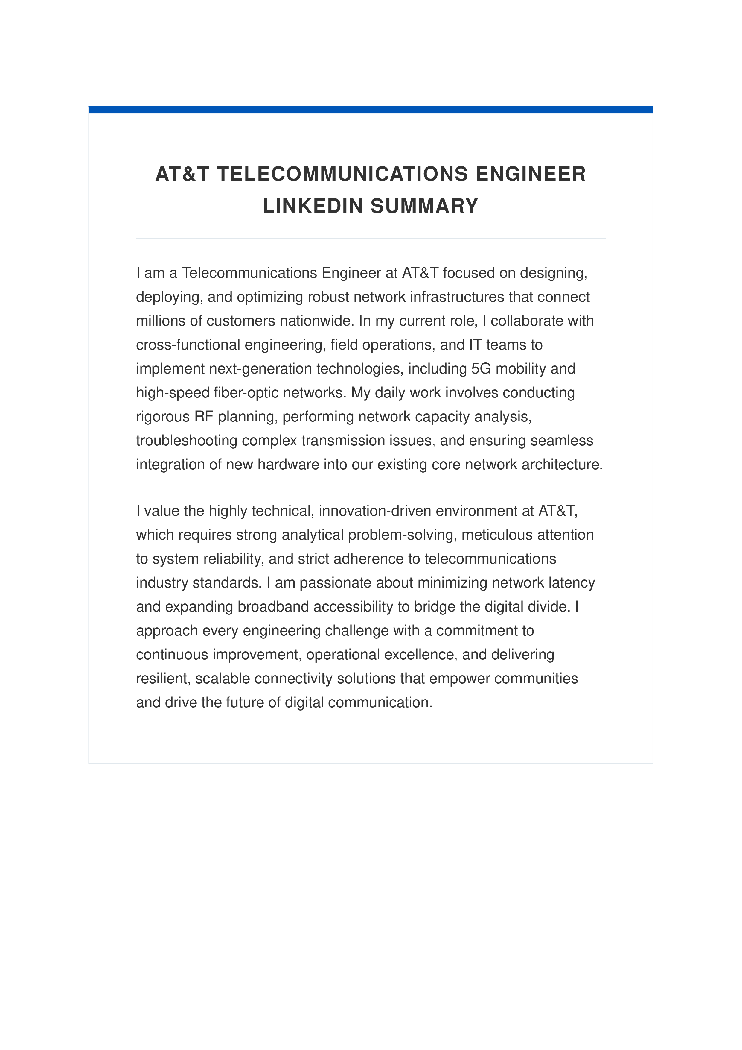 AT&T Telecommunications Engineer LinkedIn Summary — page 1