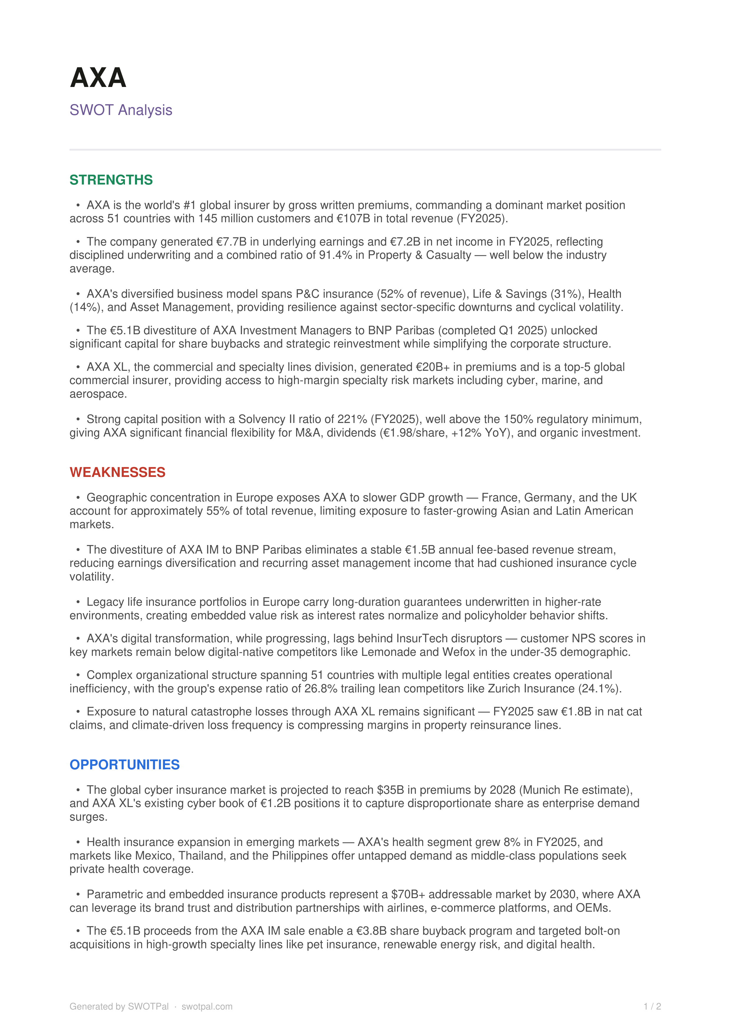 AXA Swot Analysis  — page 1