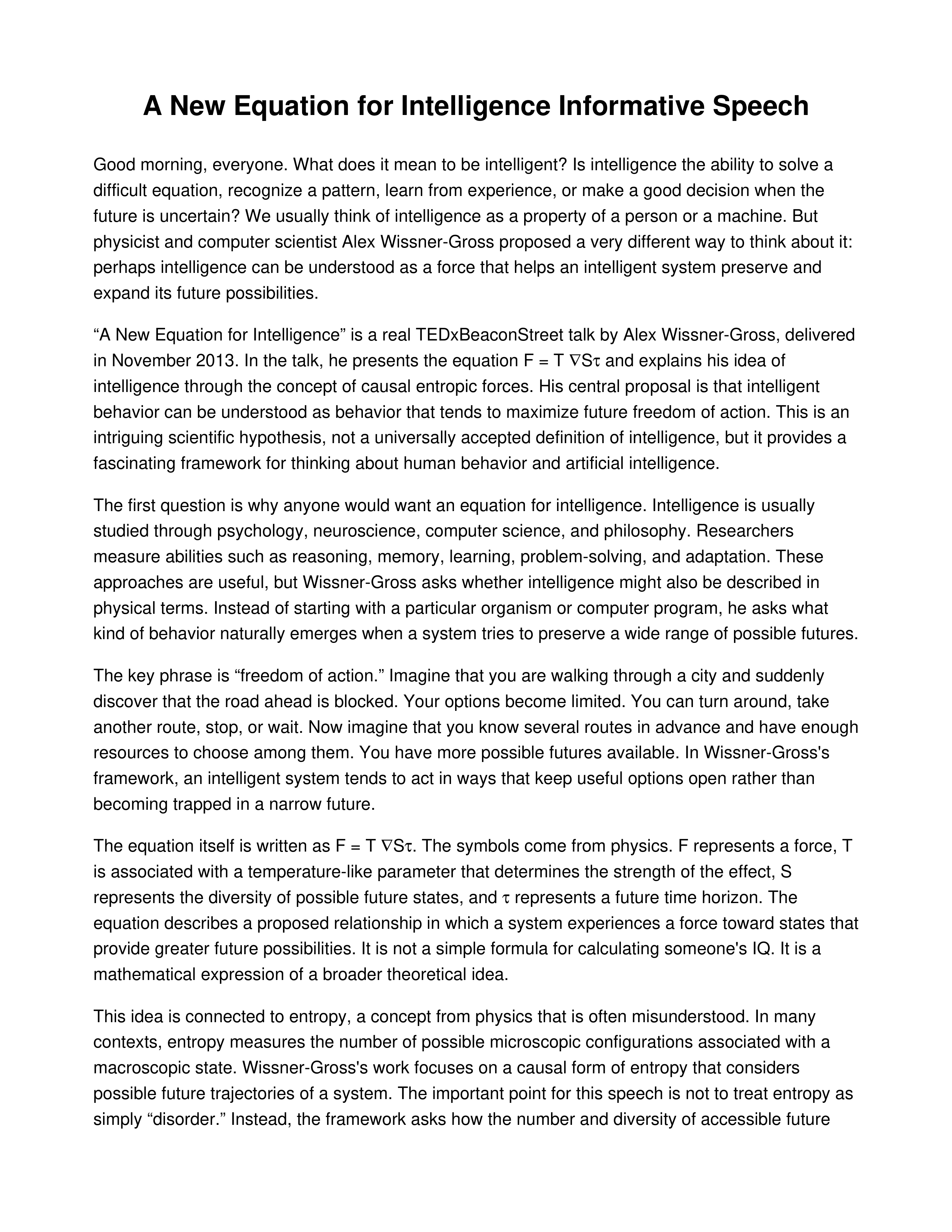 A New Equation for Intelligence Informative Speech — page 1