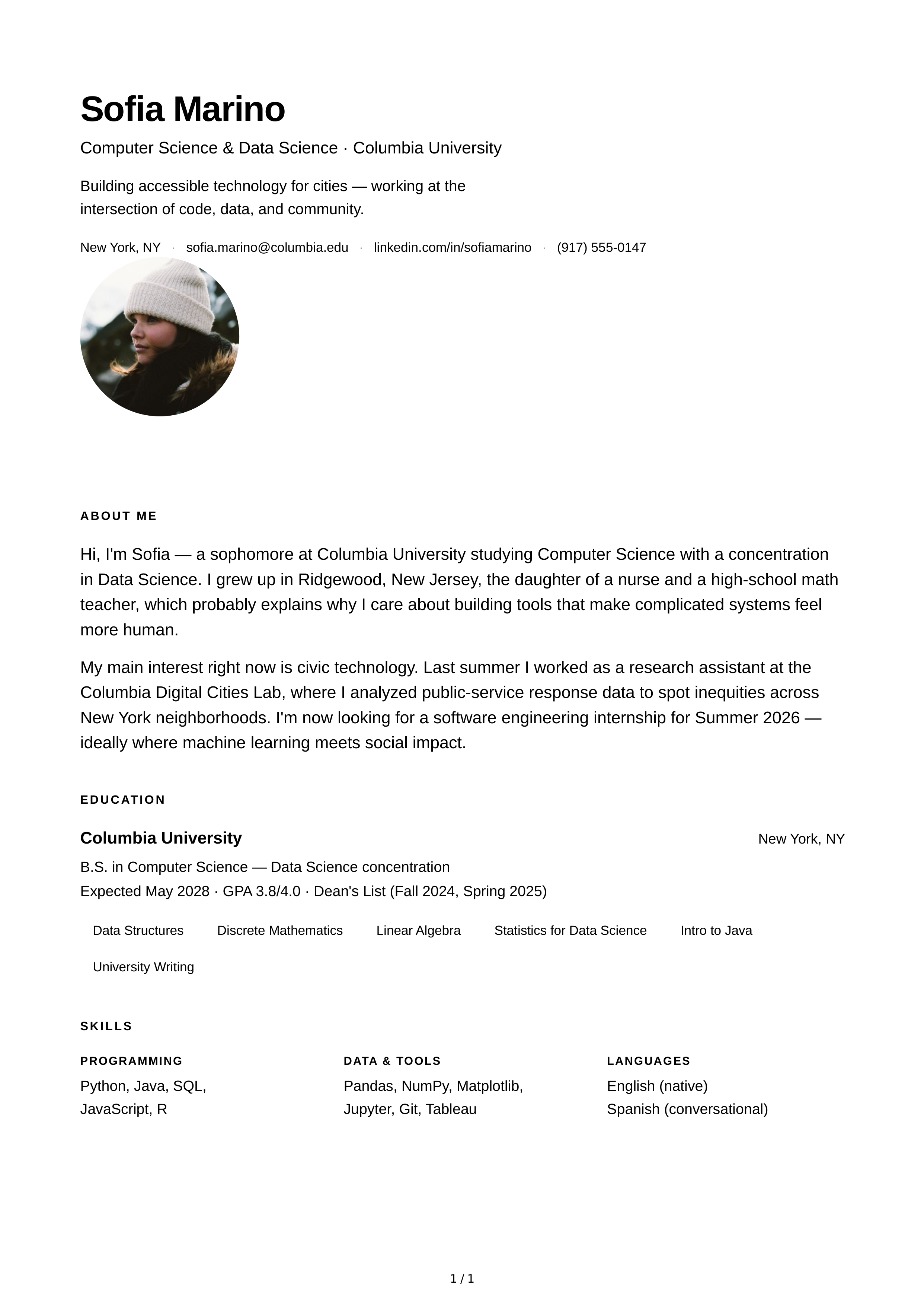 About Me for College Student — page 1