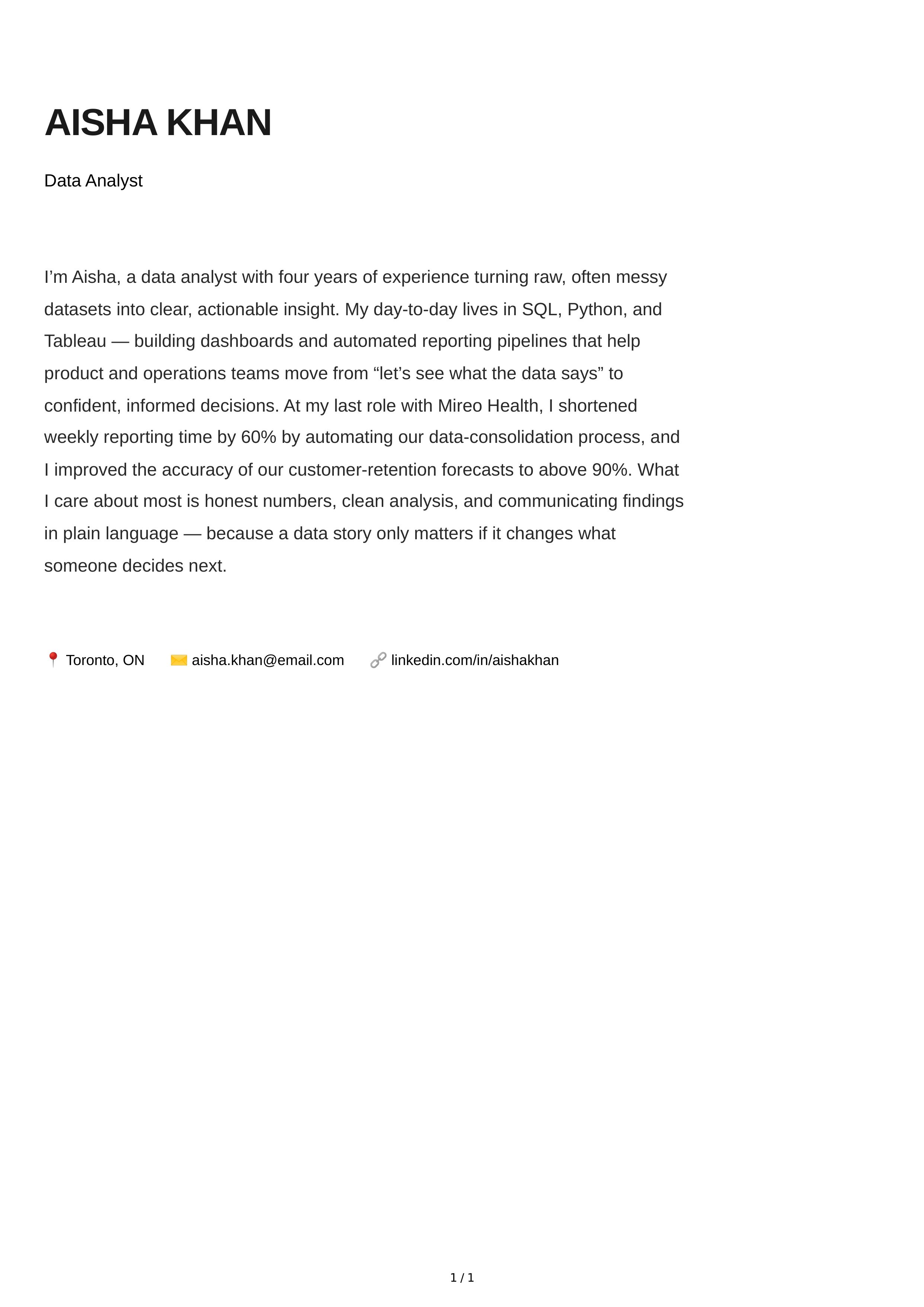 About Me for Data Analyst — page 1