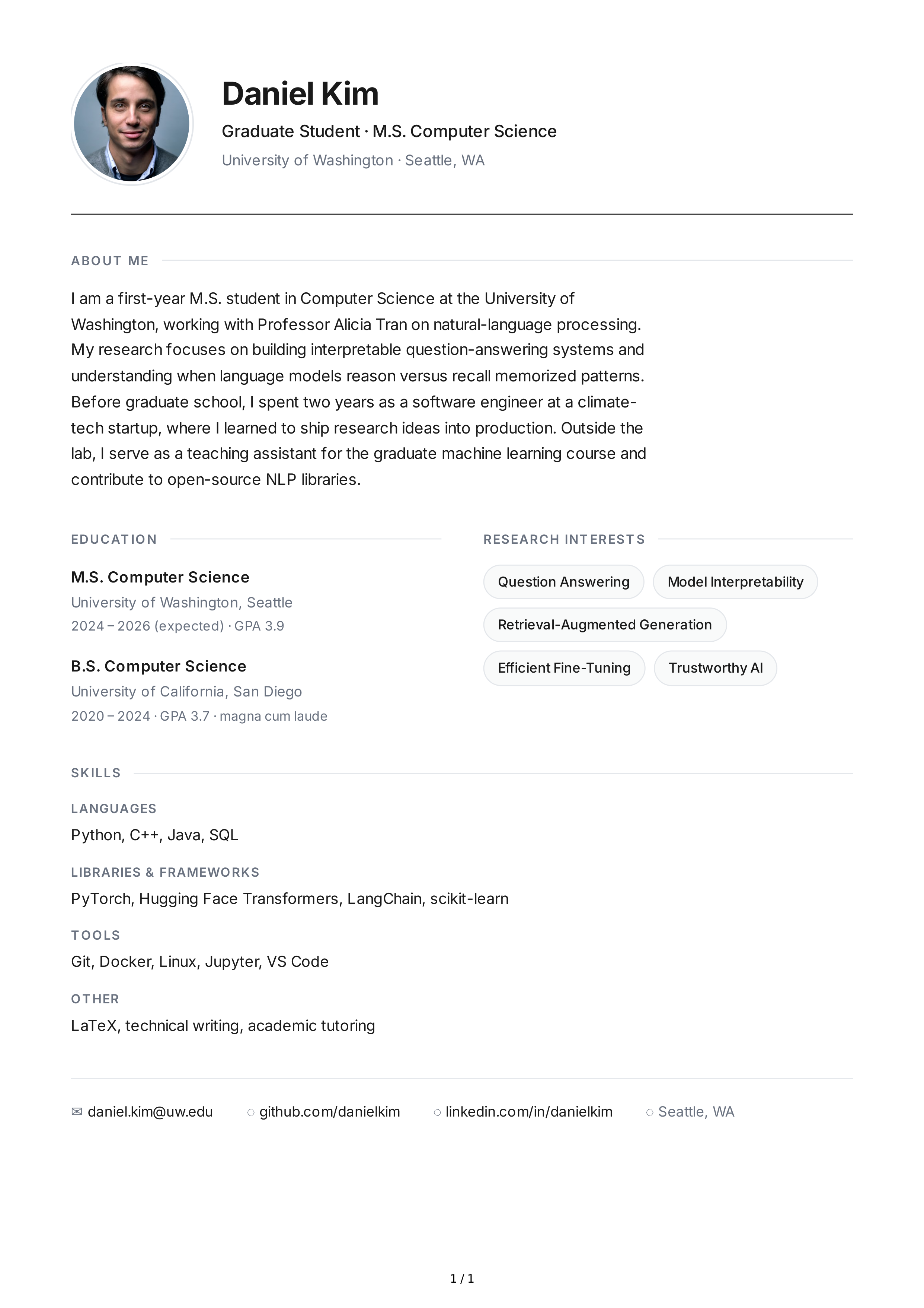 About Me for Graduate Student — page 1